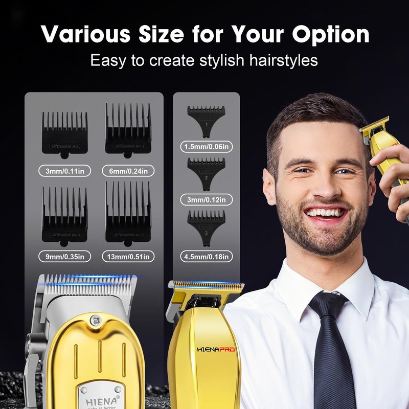HIENA PRO Hair Clippers Set for Men, Professional Barber Kit for Hair Cutting, Cordless Rechargeable Clippers and Trimmers Set, Hair Cutting Kit with LED Display, USB, Gifts for Men (Gold Black)
