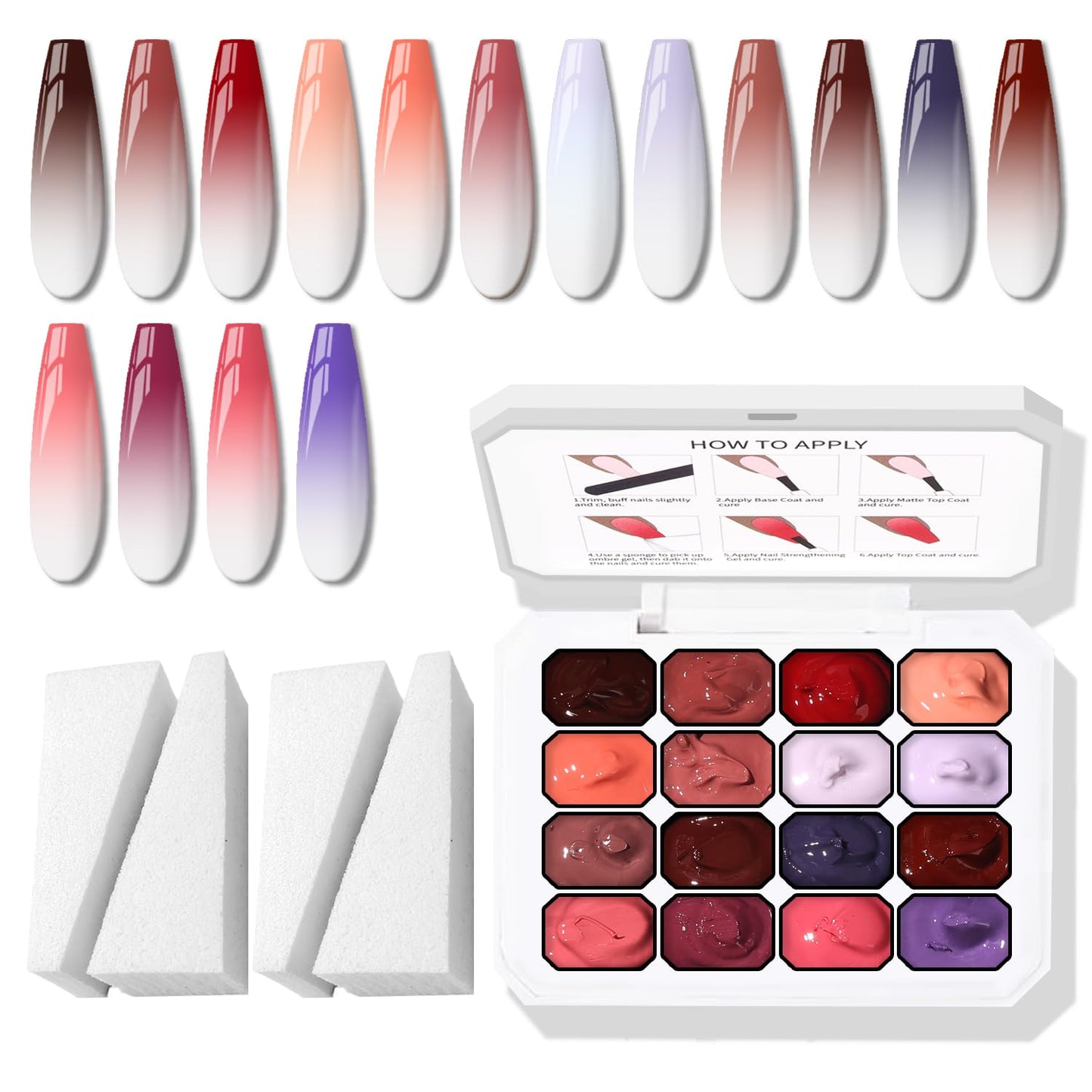Karroy Sponge Pat Gel Nail Polish Palette, 16 Colors Blending Ombre Gel Polish Patting Gradient Painting Nails Art, No Wipe, UV/LED Cured (16 Colors F)