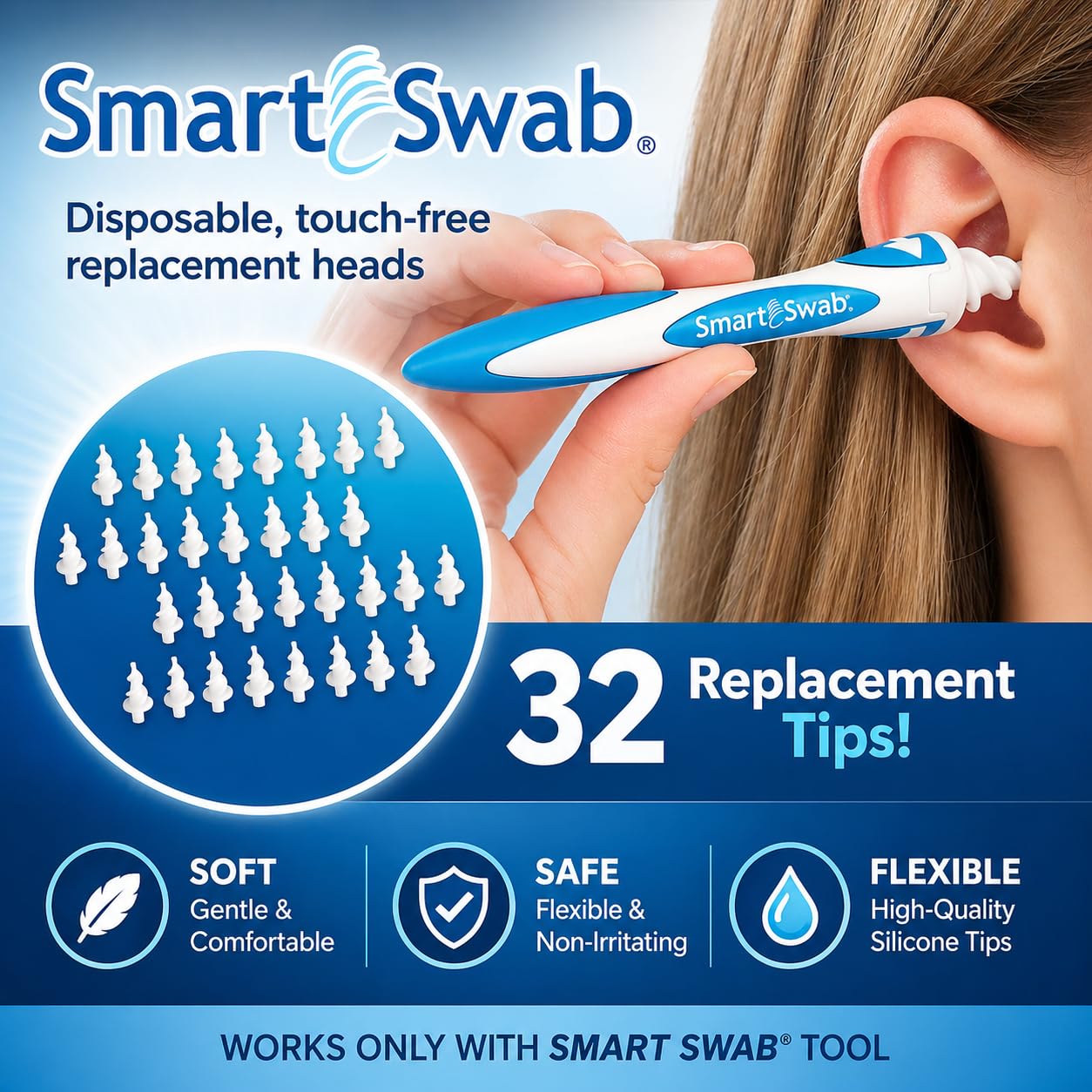 Smart Swab Spiral Ear Wax Removal Replacement Tips – 32 Soft Silicone Spiral Tips Only (No Handle) | Patented Safe Ear Cleaning Design | Easy, Gentle & Reusable Ear Cleaner Refills
