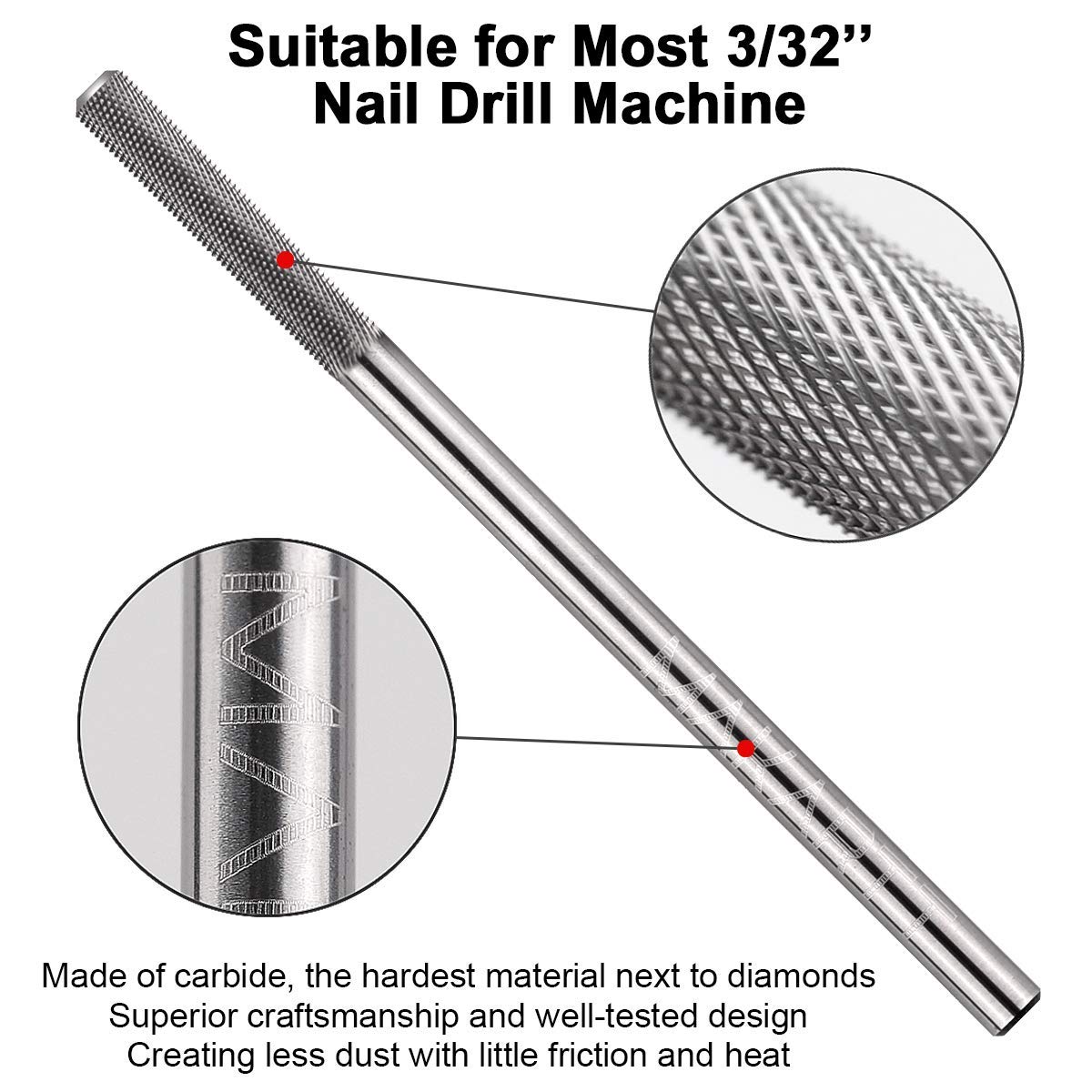 Cuticle Nail Drill Bit - Tungsten Carbide Safety Remover | 3/32'' Needle Bit for Electric Nail File (Silver, Fine)