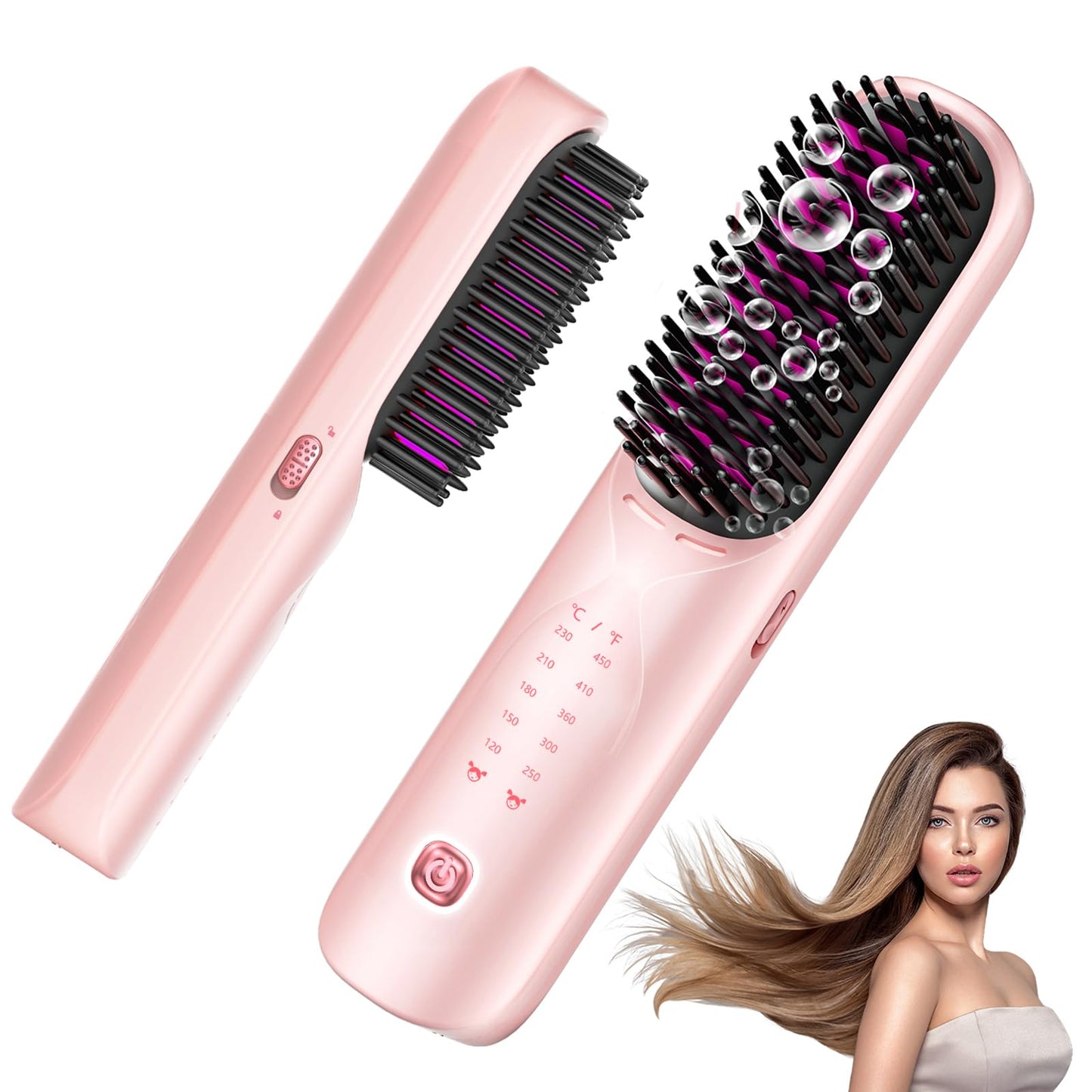 Cordless Hair Straightener Brush - Portable Hair Straightening Brush for Travel - 300M Negative Ions for Frizz-Free Shine, Touch Up On-The-Go, Fast Heating, Gift for Women, 10,000mAh