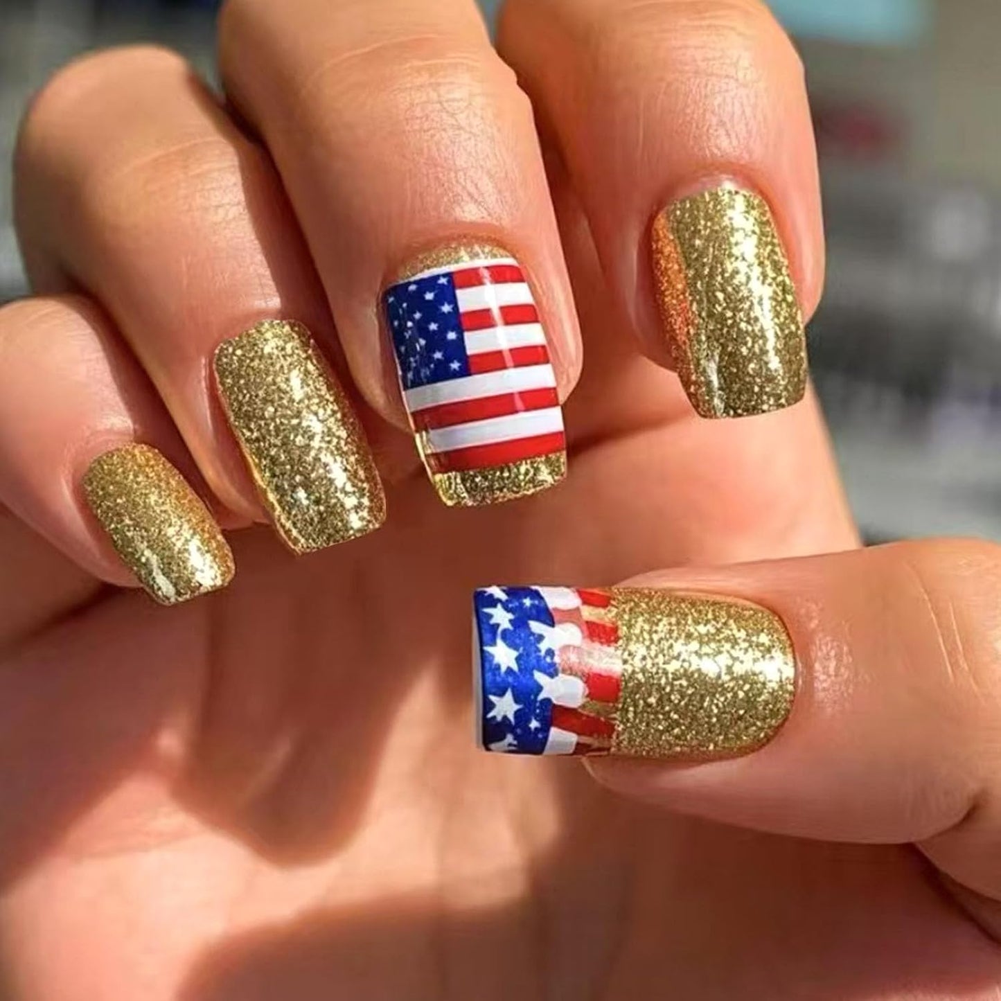 Press On Nails - Short Oval French Tip Design | Glossy Pink with Stars & American Flag - 24 Pcs