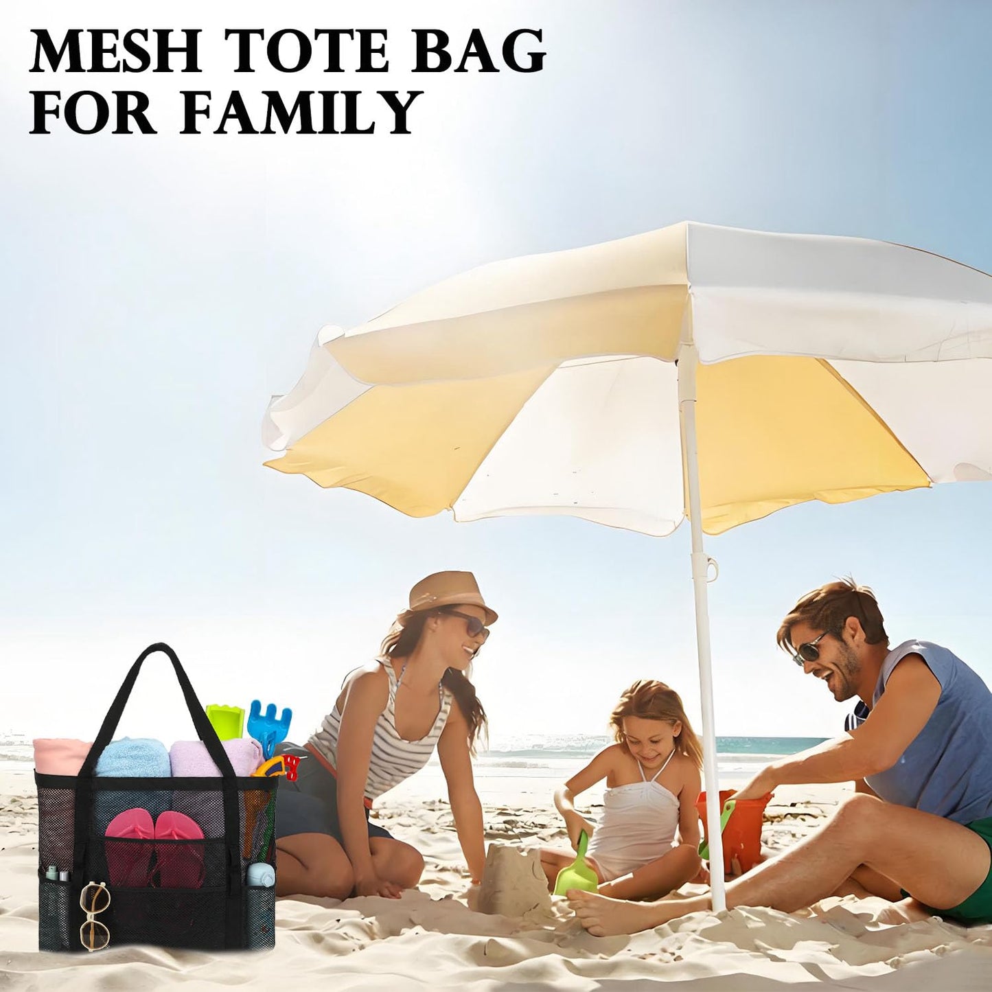 Fammart Extra Large Mesh Beach Bag for Women, Top Zipper Closure Pool Tote, SandProof Cruise Essentials 2026 Family Travel