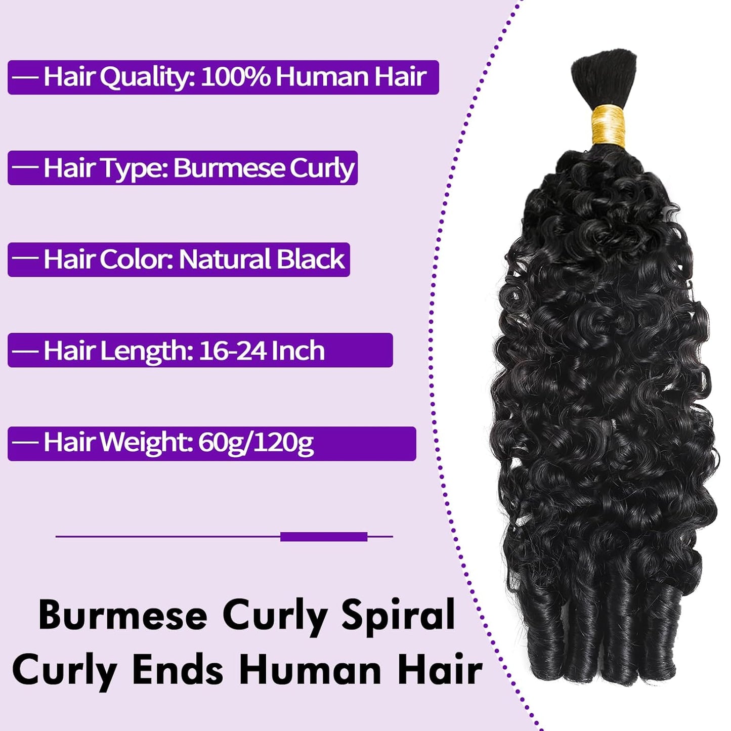 15A Human Braiding Hair - Boho Burmese Curly Spiral Ends | 18 Inch, 60g Bundle for Salon-Quality Styles
