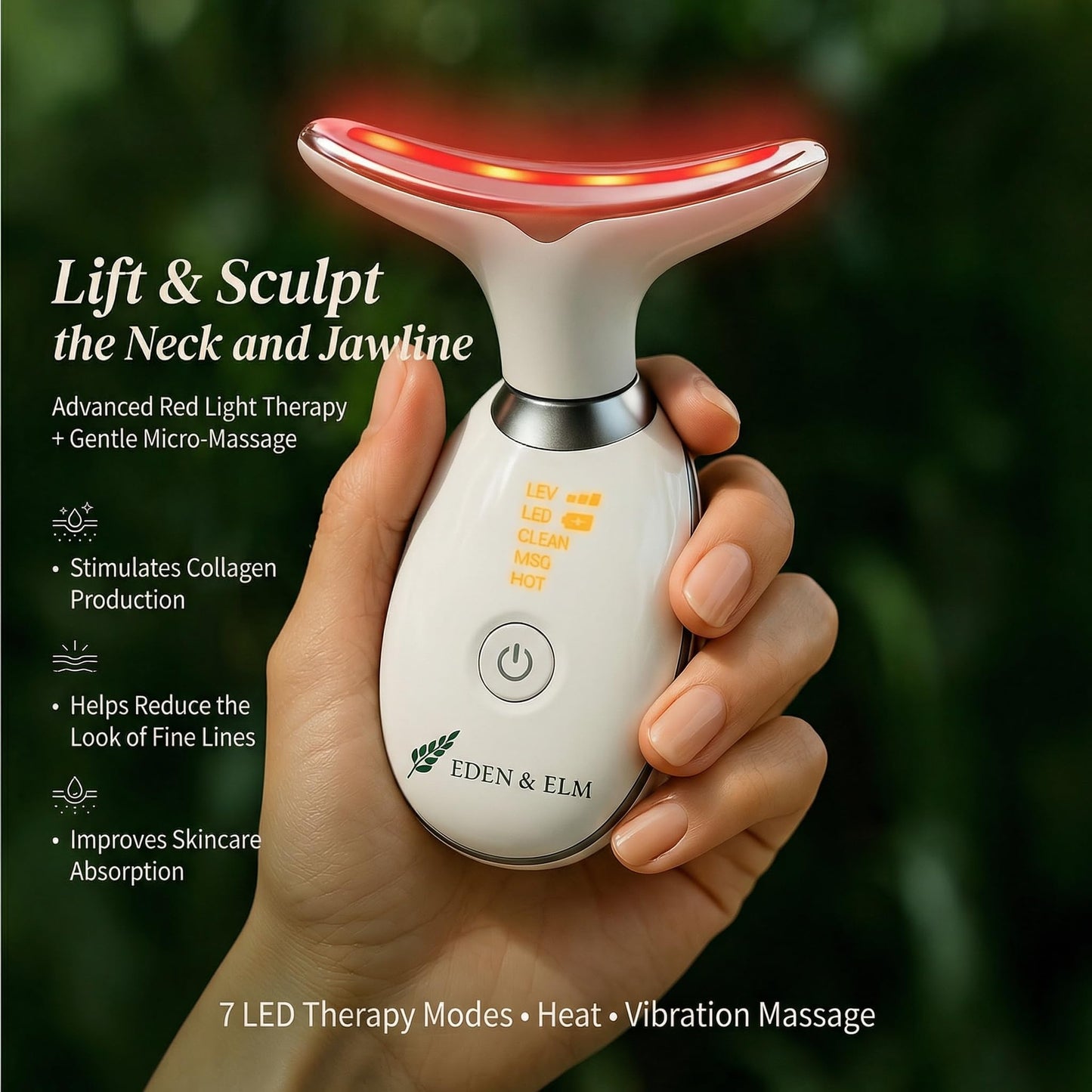 Eden & Elm - Face & Neck Sculpting Massager – 7 Color LED Beauty Tool for Firm-Looking Skin, Jawline Contouring & Daily Lift Routine – Ergonomic Curved Wireless Skincare Device