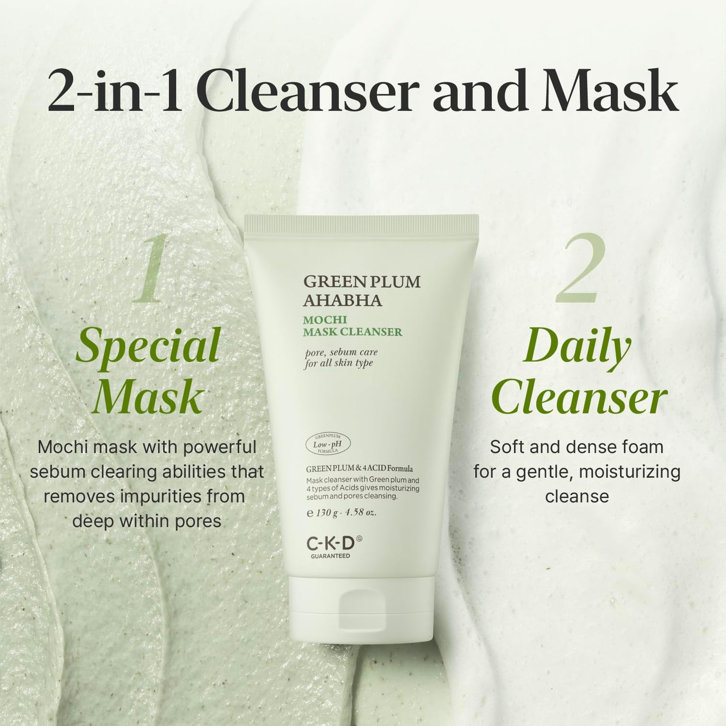 Green Plum AHA BHA Clay Mask Cleanser - Korean Face Wash & Makeup Remover | Controls Sebum, Tightens Pores, 4.58 oz