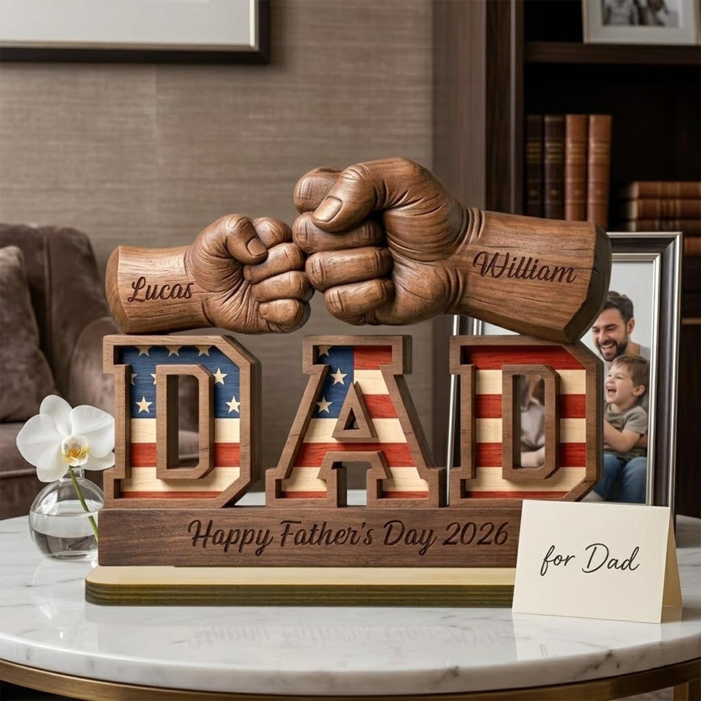 Personalized Fist Bump Papa and Kids Name Wooden Plaque, Custom Fathers Day Plaque for Dad Grandpa, Customized Sign Decorations for Daddy, Grandpa, Heartfelt Father's Day Birthday Gifts for Husband