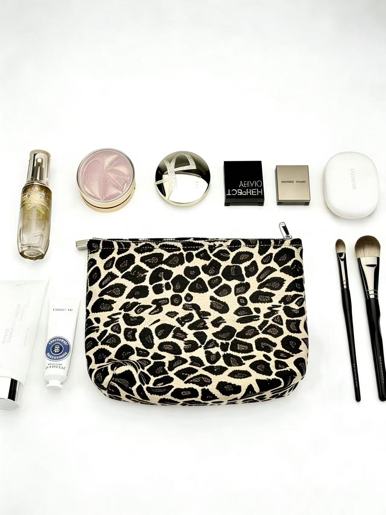RIKMOXR Brown Leopard Canvas Makeup Bag Organizer for Women & Girls - Large Capacity Travel Toiletry Pouch | Purse Organizer Cosmetic Zipper Bag