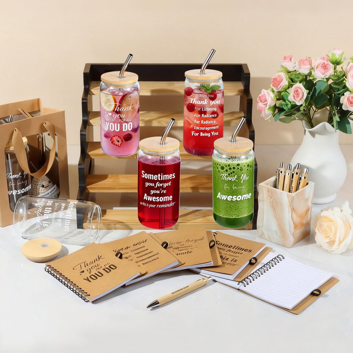 42 Pcs/6 Sets Employee Appreciation Gifts Bulk - Includes 16oz Glass Cups with Bamboo Lid, Positive Crochet, Inspirational Notebooks with Pens, Kraft Paper Gift Bags & Straw - Thank You Gifts for Coworkers, Teachers, Staff & Team