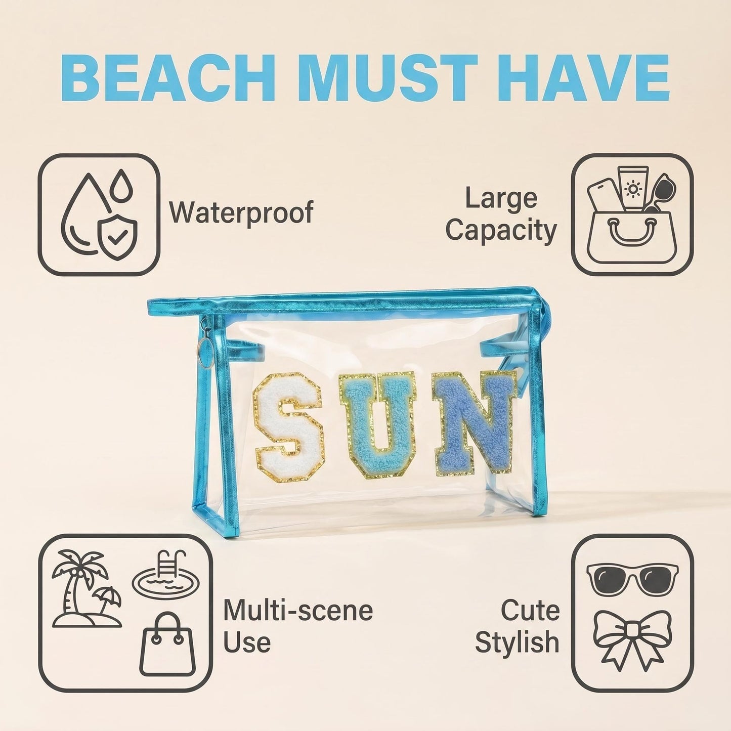 NOVAHAUS Clear Sunscreen Bag Makeup Toiletry Pouch, Waterproof Travel Cosmetic Organizer for Beach Pool Vacation, Transparent Sunscreen Bags with Blue Design for Women Teen Girls