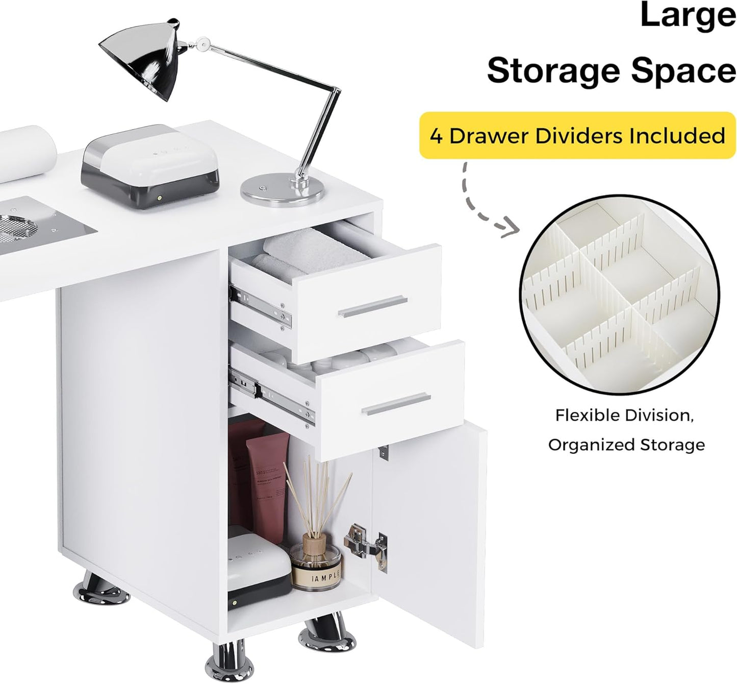 Manicure Table - Nail Desk with Dust Collector & Wrist Rest | Acetone Resistant Workstation with Drawers & White Leather Pad