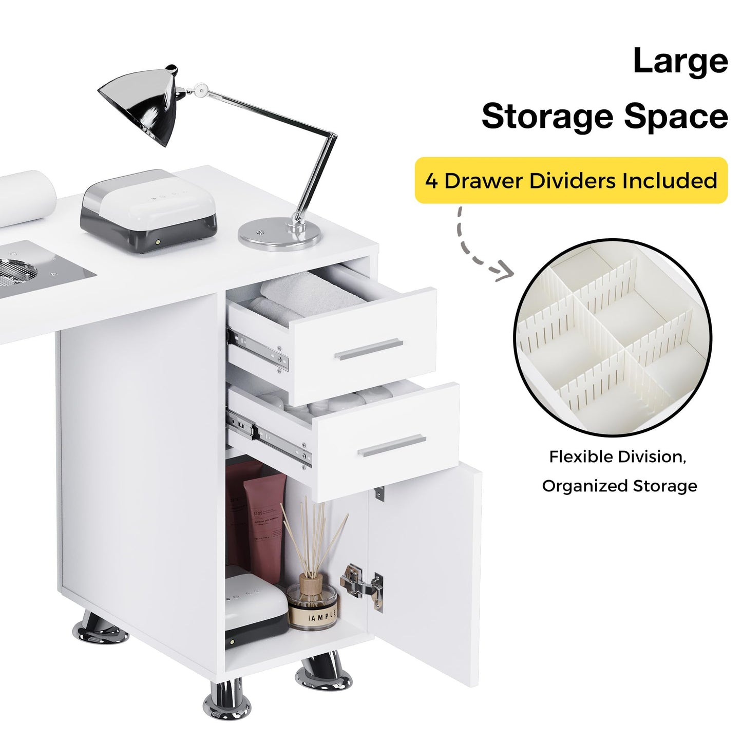 Kikihouse Manicure Table, Nail Desk w/Dust Collector & Wrist Rest, Nail Salon Station Acetone Resistant Workstation w/Drawers, Cabinet, White Leather Pad with Diamonds