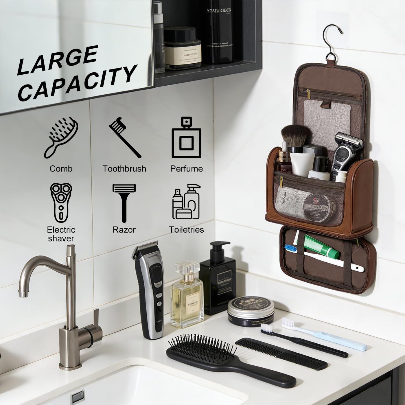 Travel Toiletry Bag - Leather Hanging Organizer | Waterproof with Separate Compartments - Dark Brown