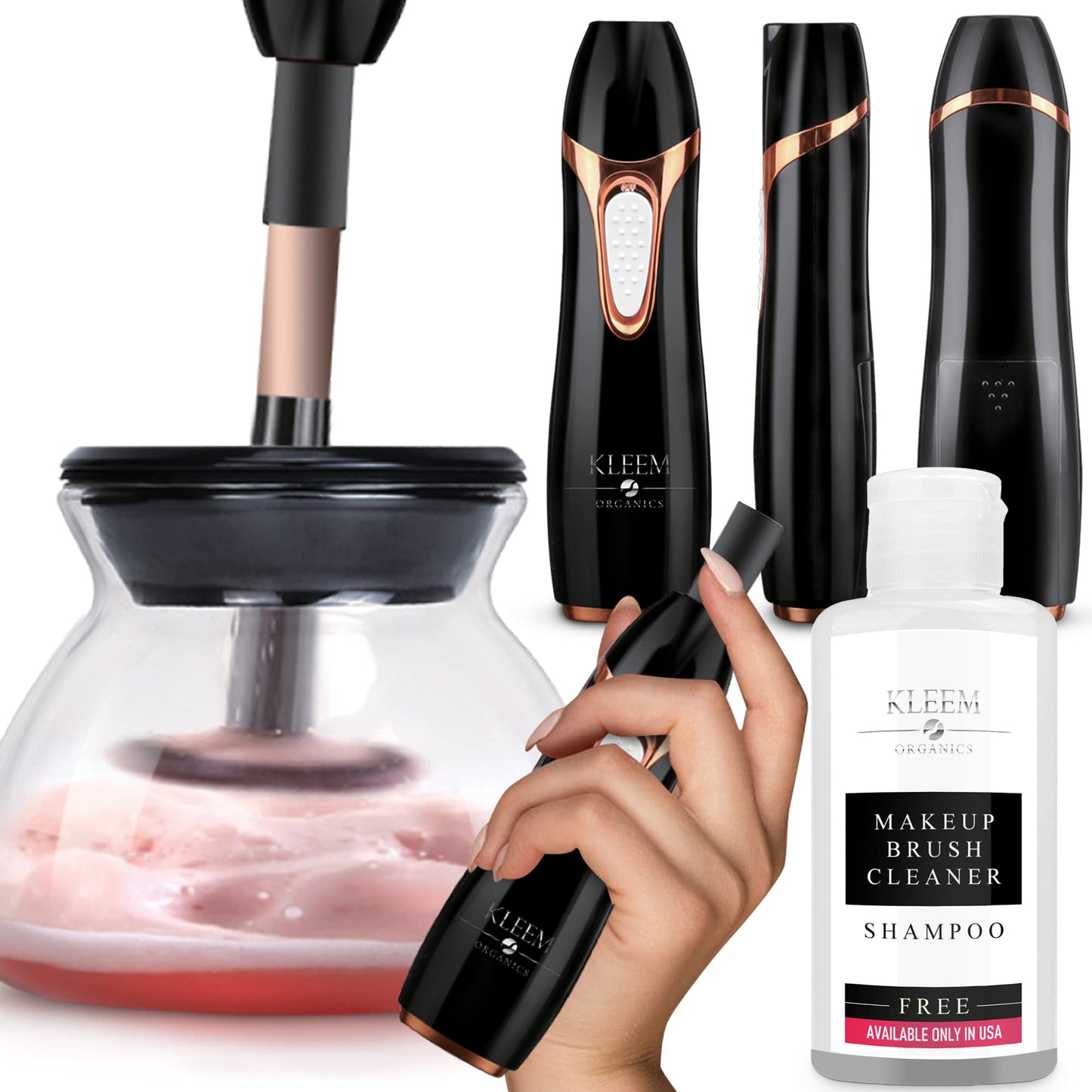 Kleem Electric Makeup Brush Cleaner Machine | Automatic Makeup Brush Washer & Spinning Dryer with Free Cleaner Shampoo | Dual-Fiber Bristles for Eyeshadow & Foundation | Made in USA | Black