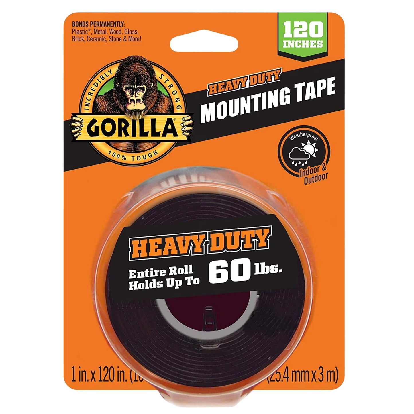 Gorilla Heavy Duty Double Sided Mounting Tape, 1" x 120" (Pack of 1) Holds up to 30lbs, Industrial Strength Adhesive for Homework Stations, Classroom Setup & Student Projects, Indoor & Outdoor