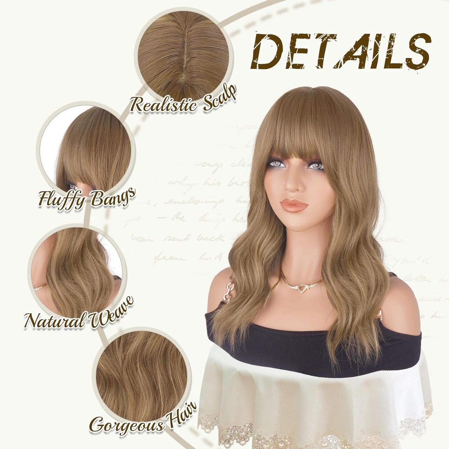 Brown Wigs with Bangs - 19-Inch Natural Wavy Synthetic Hair for Women | Light Brown Mixed Blonde