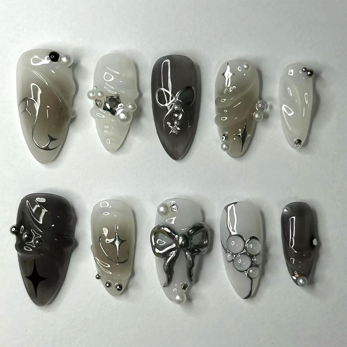 Blue Flower Press-On Nails - Medium Almond French Tip with Bow Design | Glossy Full Cover for DIY Manicure