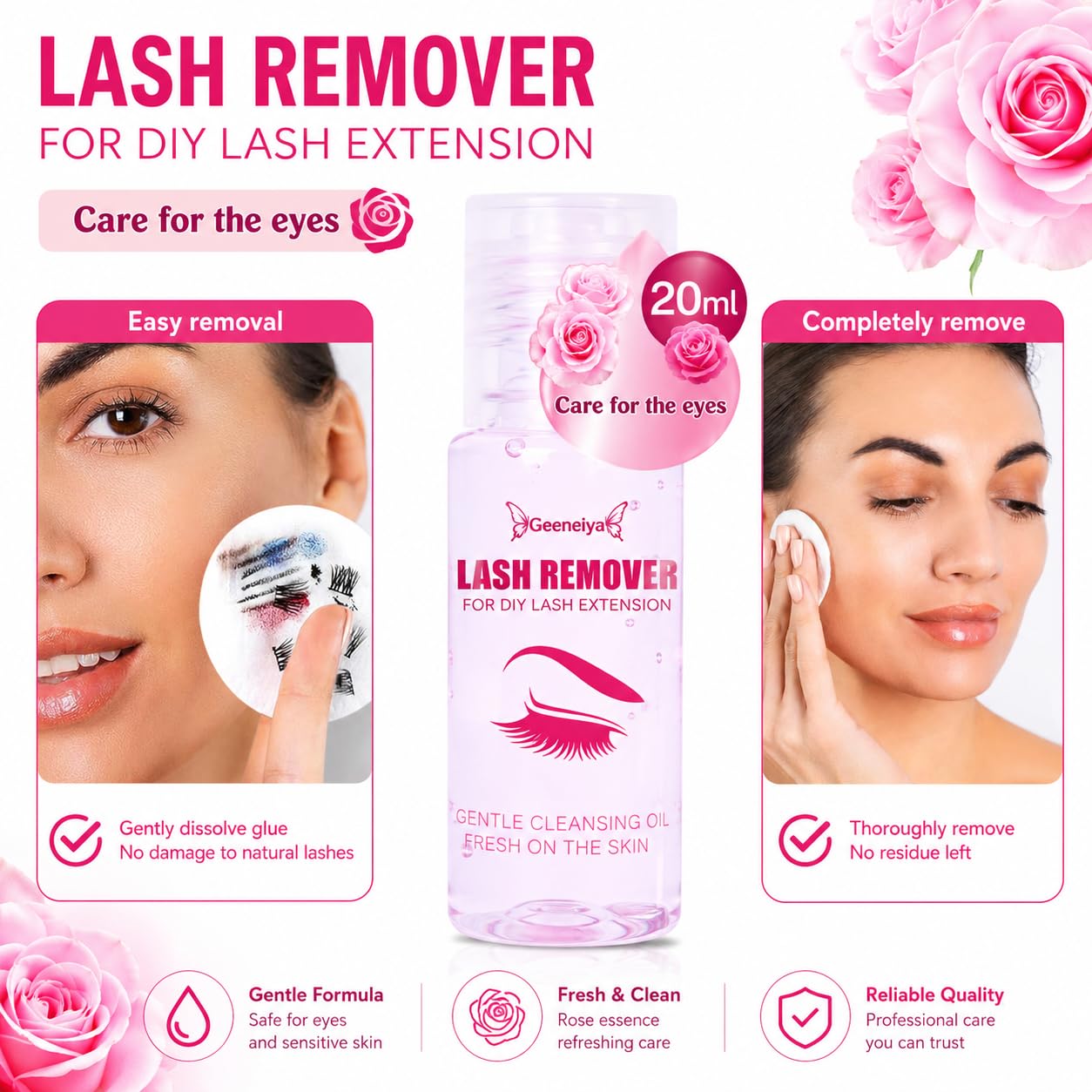 Geeneiya Lash Cluster Remover for DIY Lash Extensions, Gentle Lash Glue Remover with Fiber Cleansing Brush, Cleansing Oil for Cluster Lashes Bond and Seal, Easy Lash Removal, 20ml