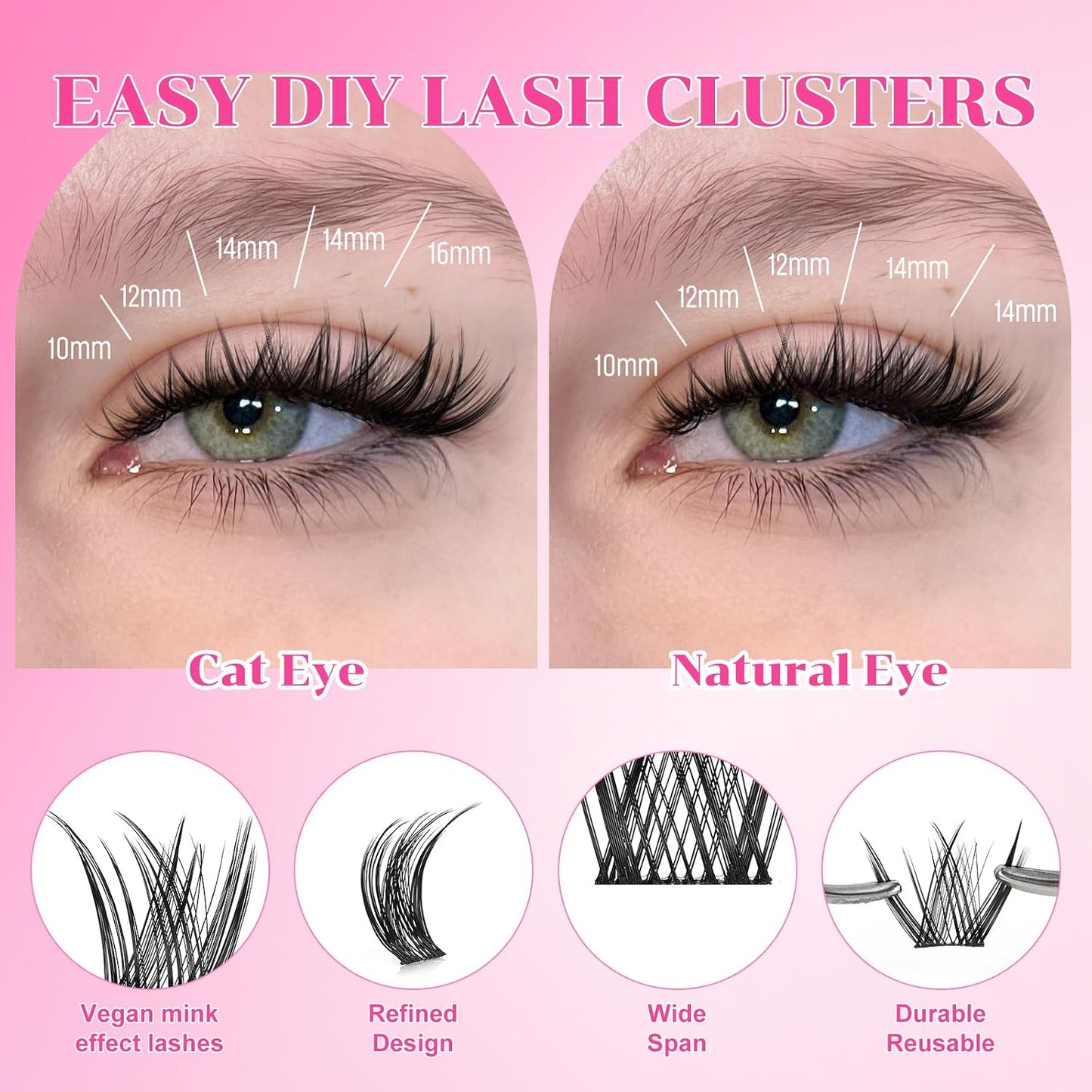 Natural Lash Clusters - Wispy Eyelash Extensions C Curl 8-16mm | Lightweight & Comfortable Individual Lashes for Soft Glam Looks