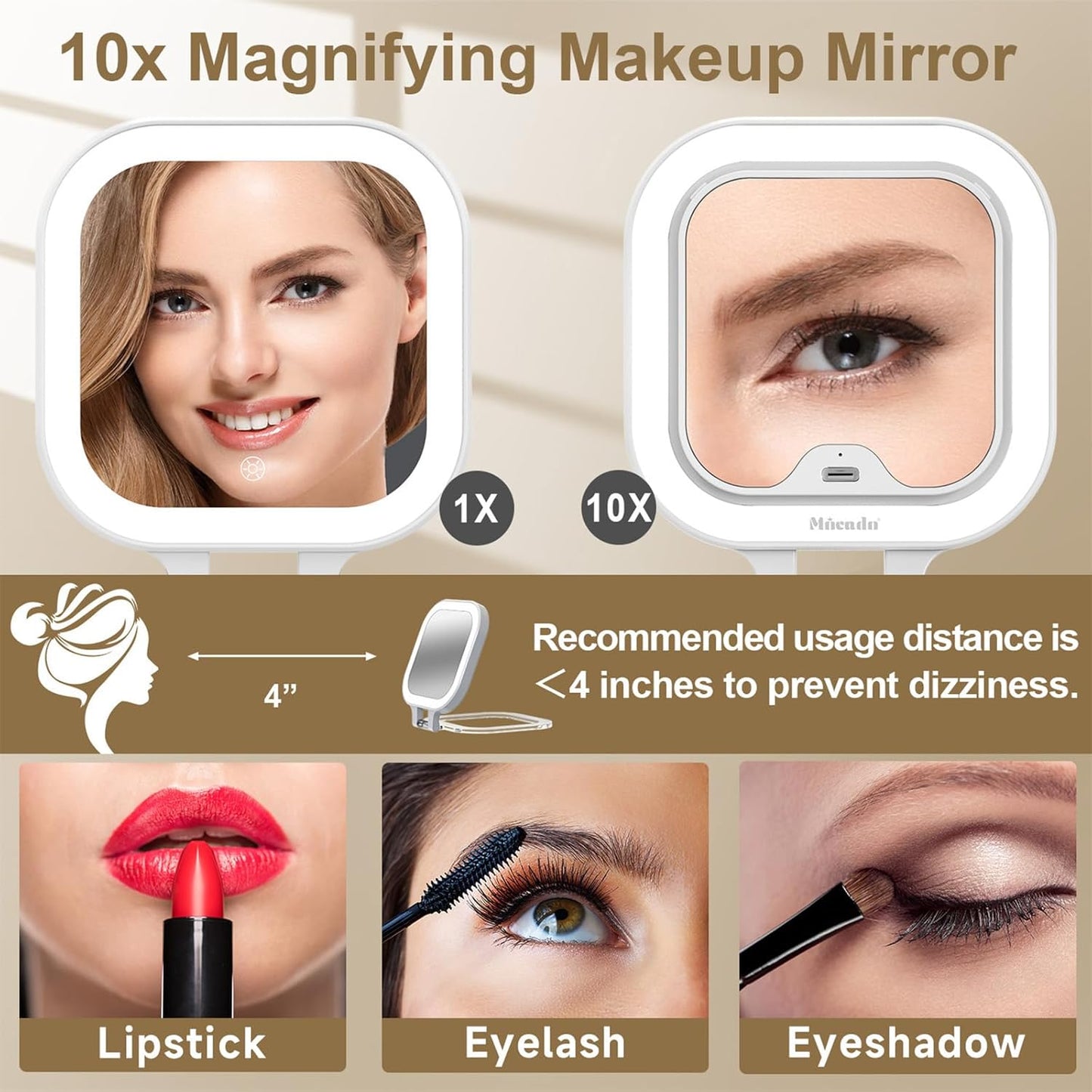 Compact Travel Makeup Mirror - 1X/10X Magnifying Lighted Mirror | Dimmable & Rechargeable for Purse (White)