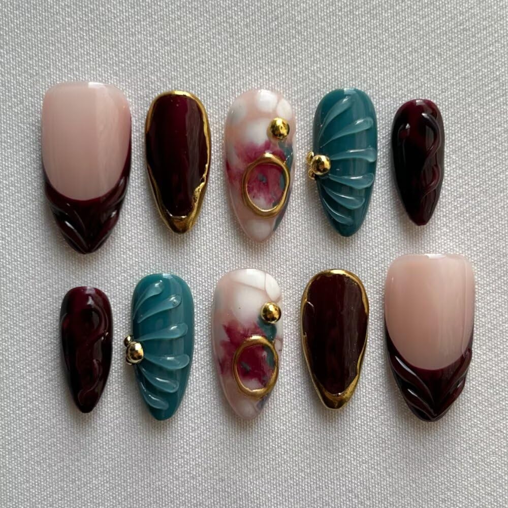 Fall Press On Nails - Handmade Gel Almond Fake Nails, Brown Art Design | Reusable 10 Pcs Acrylic Kit (Size S)