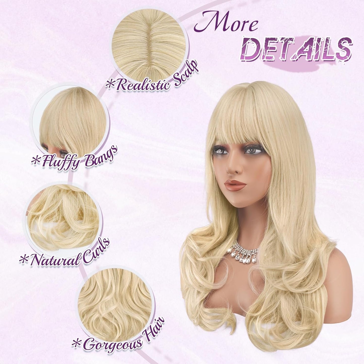 Blonde Wigs with Bangs - Long Wavy Layered Synthetic Hair Wig | Natural-Looking, Heat Resistant, 24 Inch for Daily Wear & Parties