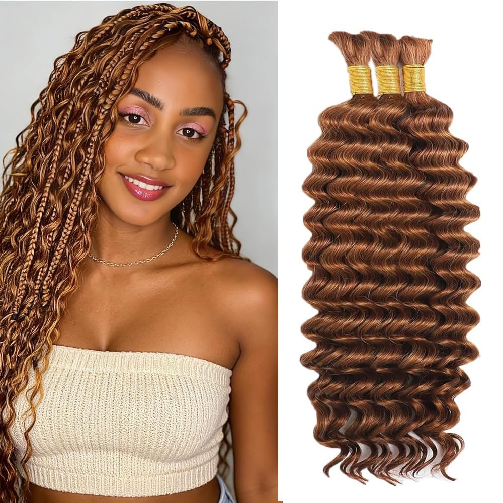 Color 30 Human Bulk Hair Deep Wave Human Braiding Hair for Boho Braids 150g/3 Bundles 22 22 22 Inch Brown Deep Curly Bulk No Weft Braiding Hair