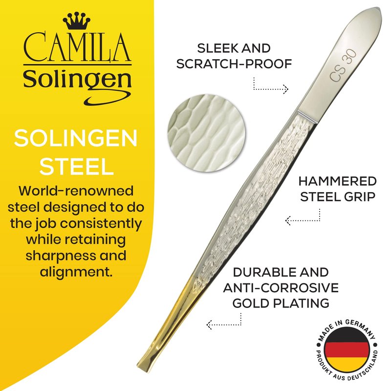 Camila Solingen CS30 3.5 Inches Gold Tipped, Surgical Grade, German Carbon Steel Tweezers (Claw) - Flawless Eyebrow and Facial Hair Shaping and Removal for Men/Women