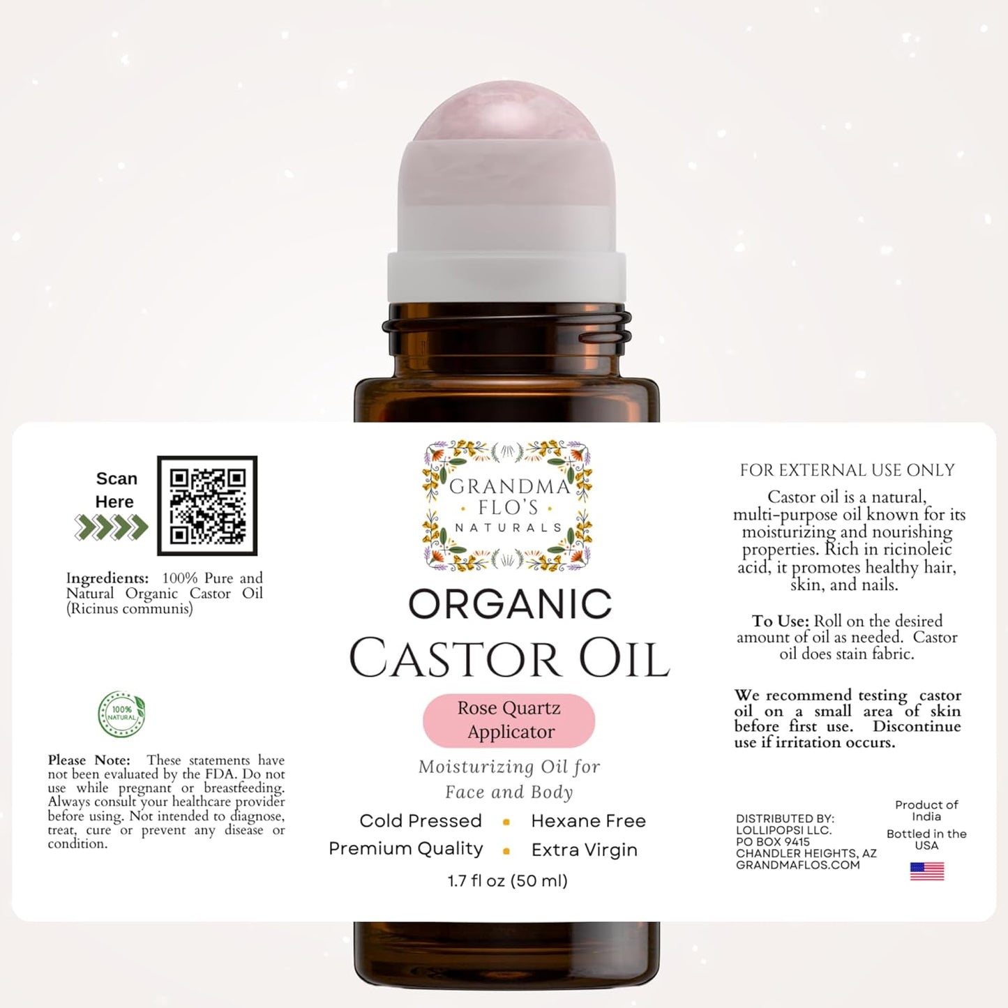Organic Castor Oil with Rose Quartz Roll-On | Cold Pressed, Hexane Free, Unrefined - 50ml for Hair Growth & Skin Moisturizing