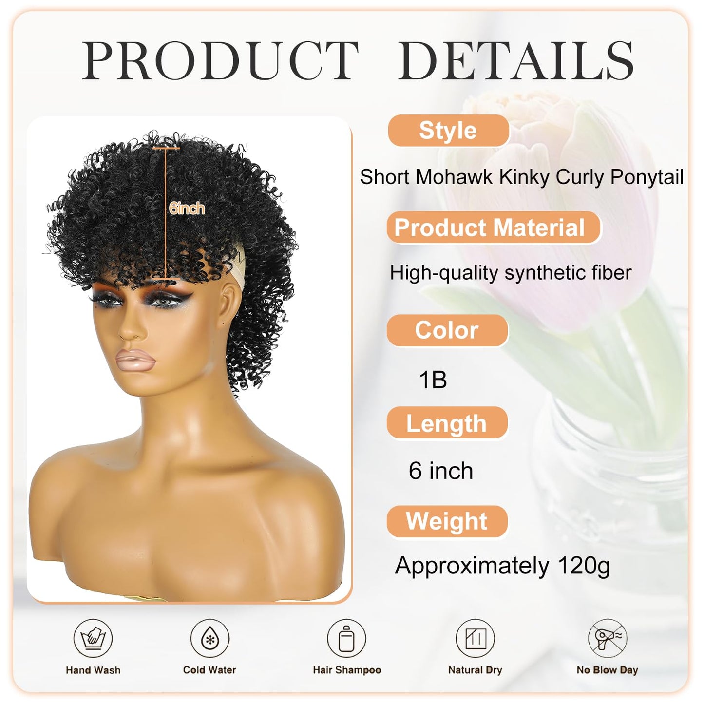 Kinky Curly Mohawk Wig - Short Synthetic Clip-On Ponytail Extension with Bangs | Fluffy Natural Hair for Daily & Party Use - Color 1B
