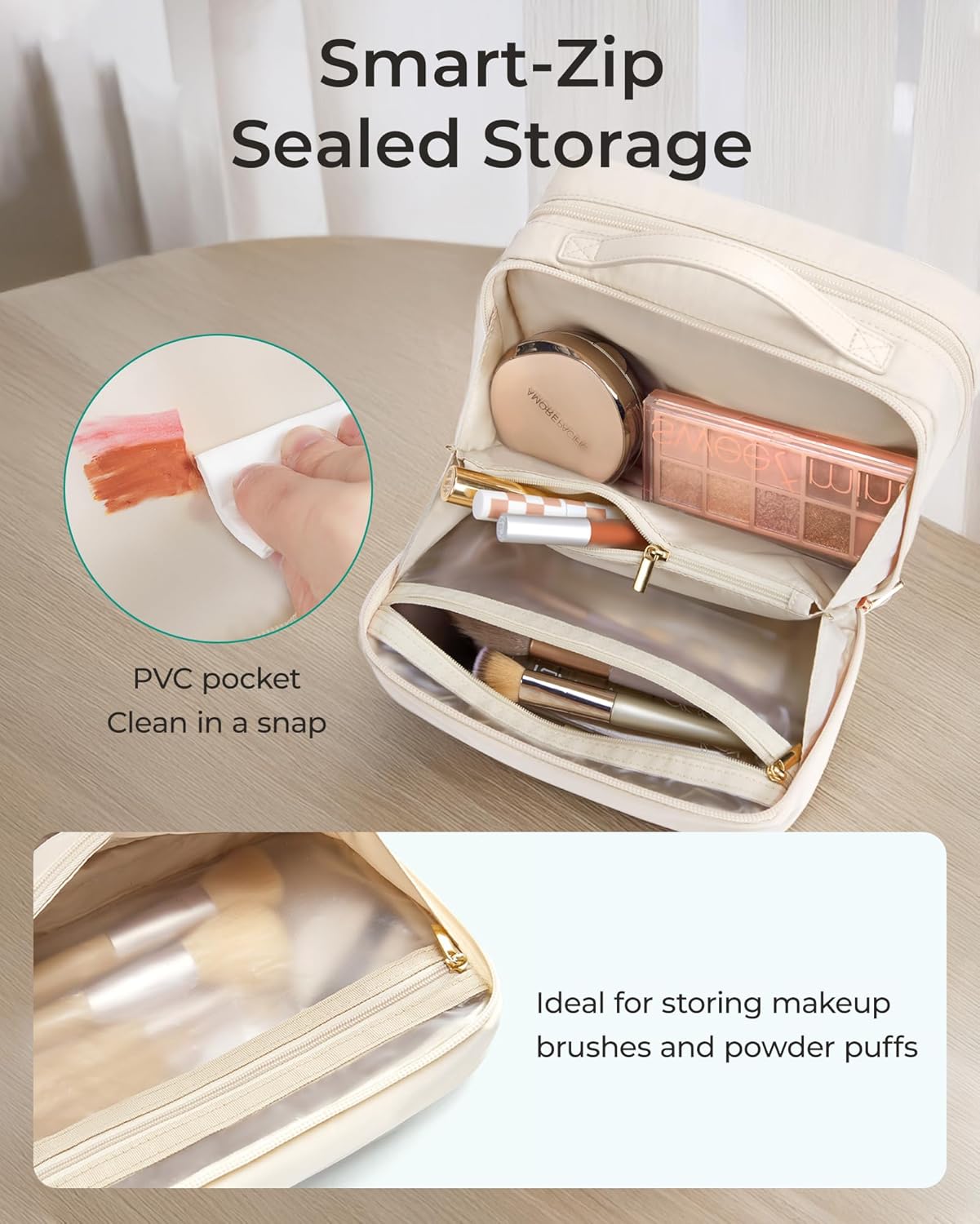 Travel Makeup Bag - Durable Compact Organizer with Multiple Compartments | Beige Cosmetic Case for Women