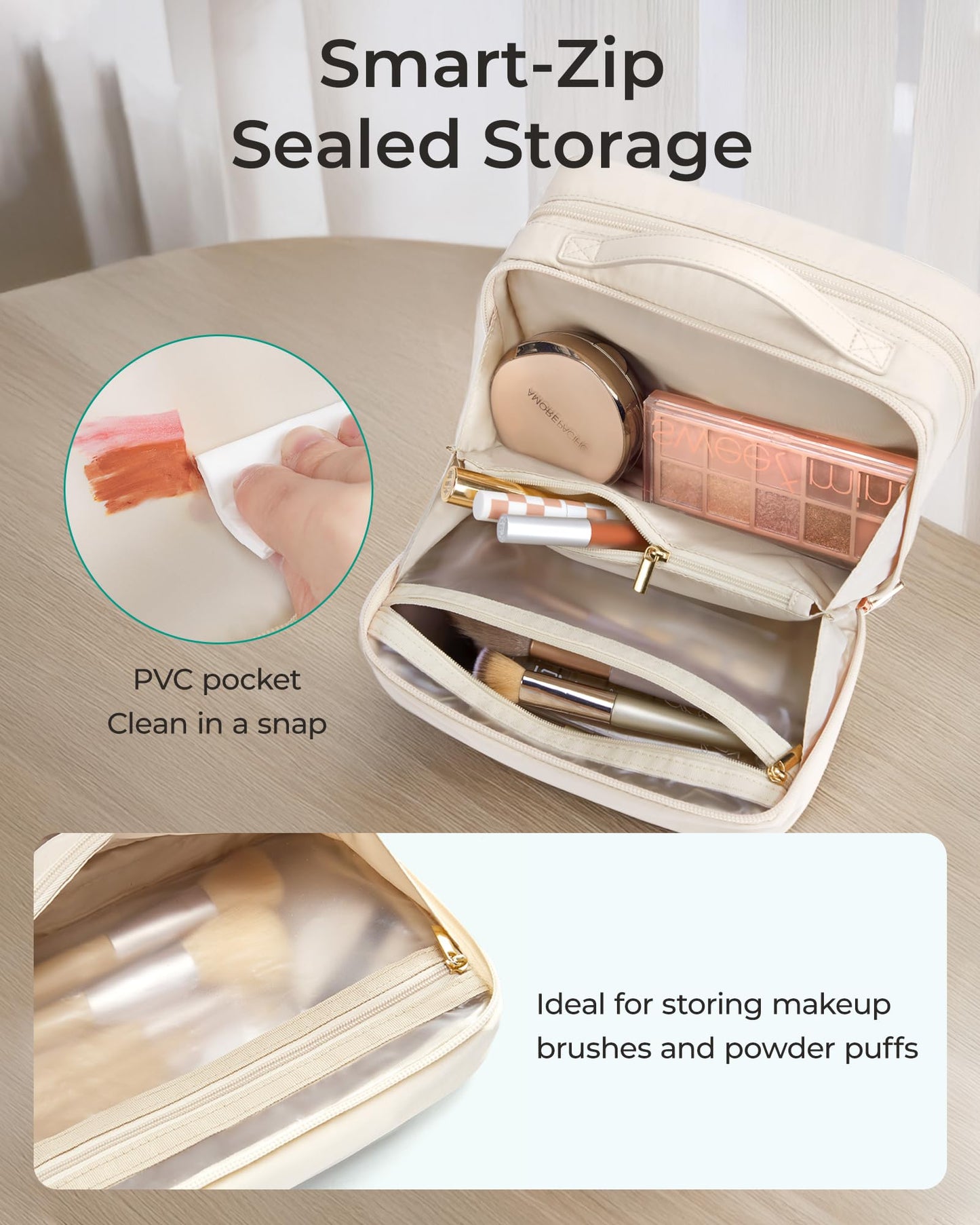 BAGSMART Travel Makeup Bag, Make Up Bag with Multiple Compartments for Organizer, Durable & Compact Cosmetic Organizer for Women for Travel Accessories (Beige)