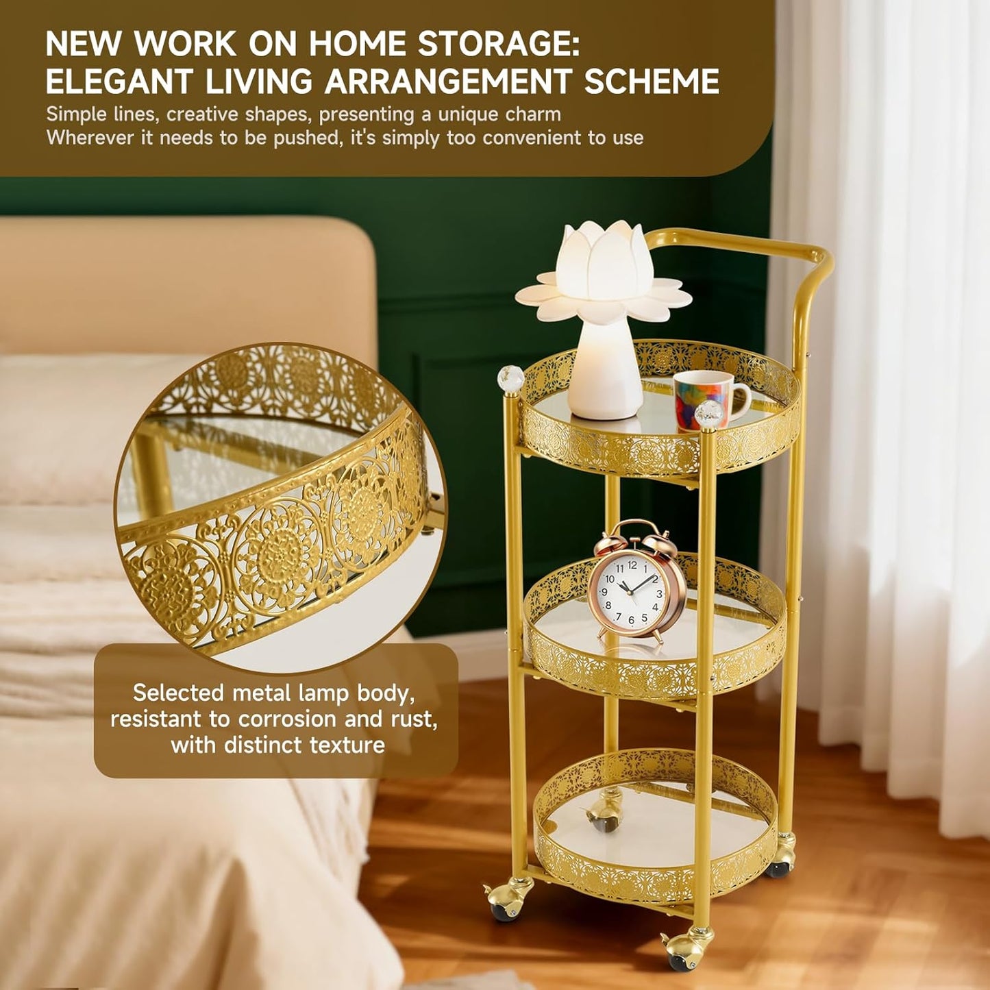 Multi-Functional Mobile Trolley Bar Cart - Rolling Design with Lockable Casters & 3 Mirror Holders | Gold Finish