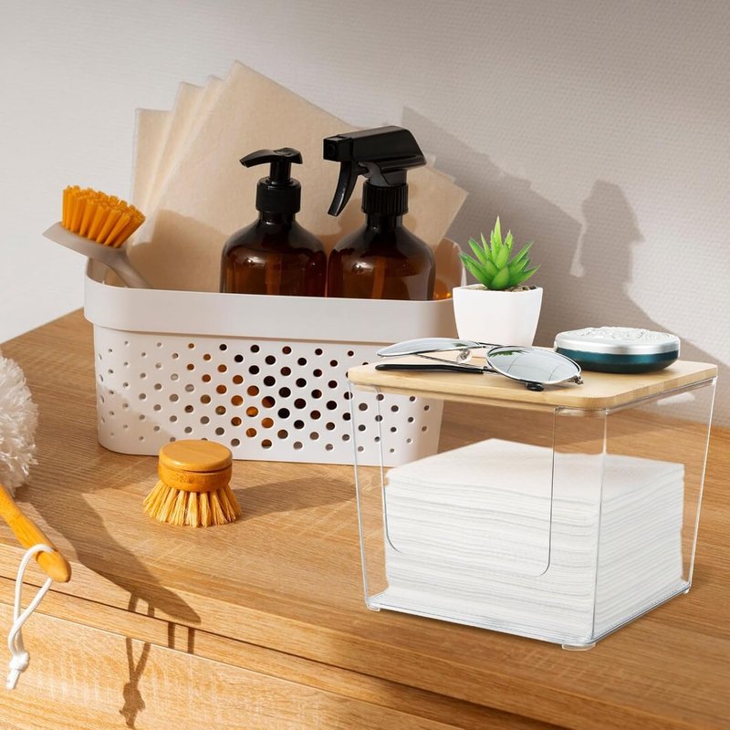 Acrylic Face Towel Holder - Upgrade Large Disposable Facial Towels Storage Box with Bamboo Lid | Bathroom Vanity Organizer