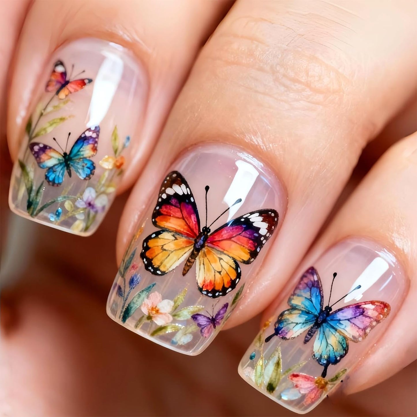 LWTZLW Butterfly Press on Nails Medium Square False Nails Colorful Flower Butterfly Design Full Cover Glue on Nail Summer Floral Reusable Acrylic Fake Nails Glossy Artificial Stick on Nail for Women
