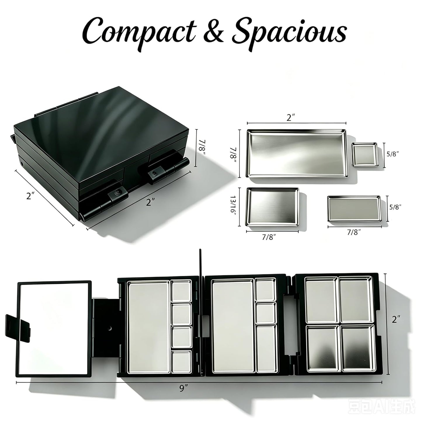 Magnetic Makeup Palette - 3-Layer Foldable Organizer with Dividers & 13 Metal Pans | Black, DIY Depotting Solution