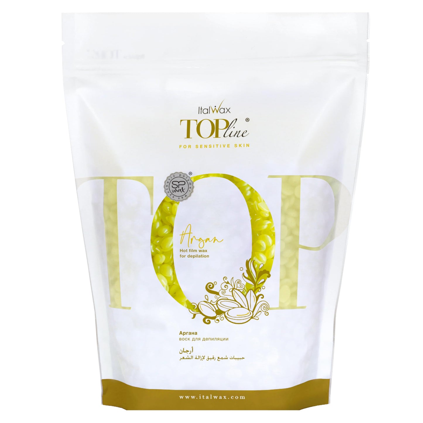 Italwax Top Line Argan Hard Wax Beads 1.65 lb (750 g) – Fast-Setting Transparent Jelly Wax Enriched with Argan Oil, Floral Scent, Strong Grip for Face & Underarms, Professional Use – Made in Italy