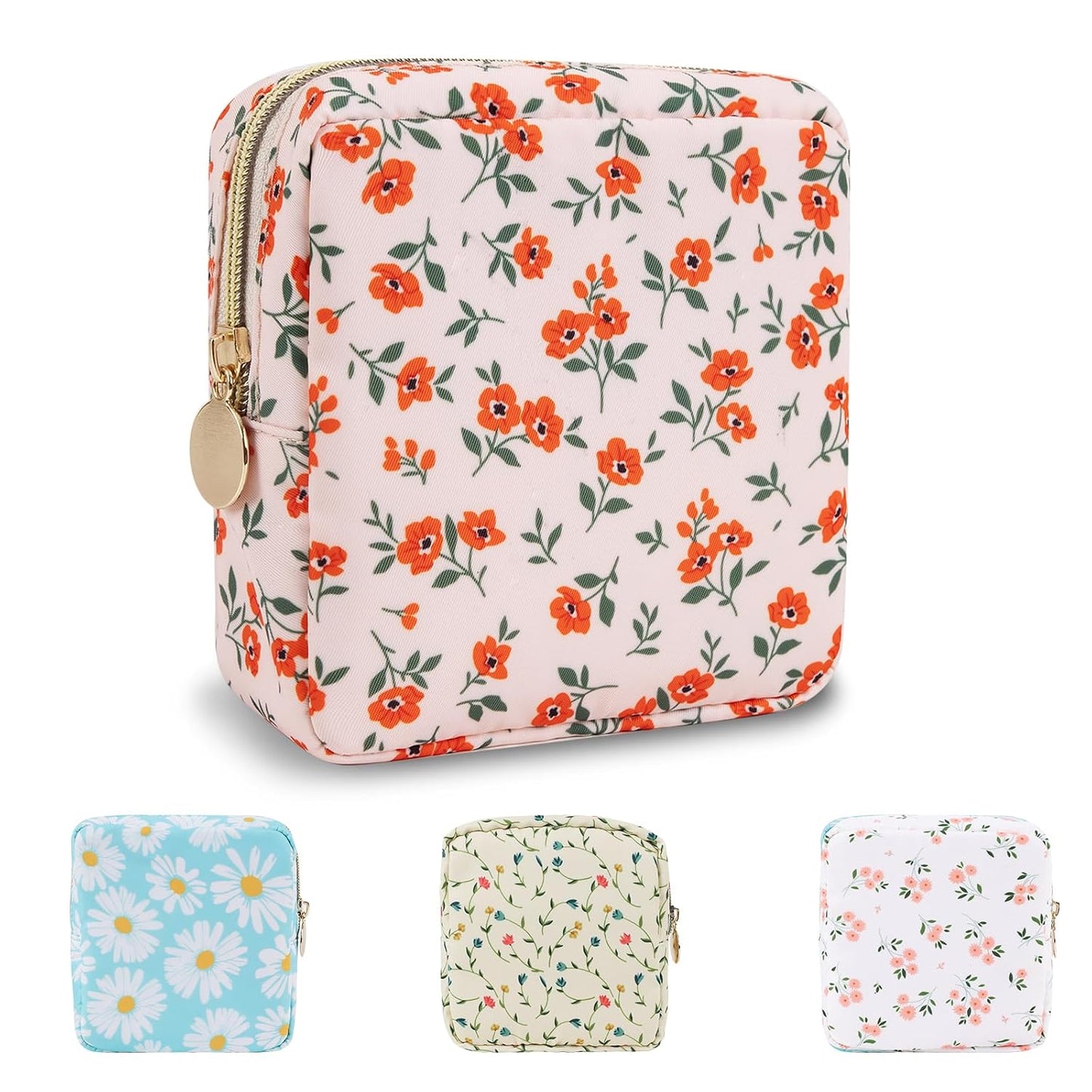 Waterproof Mini Floral Makeup Bag - Nylon Travel Pouch for Women | Cute Zipper Toiletry Organizer (Mini White-Flowers)