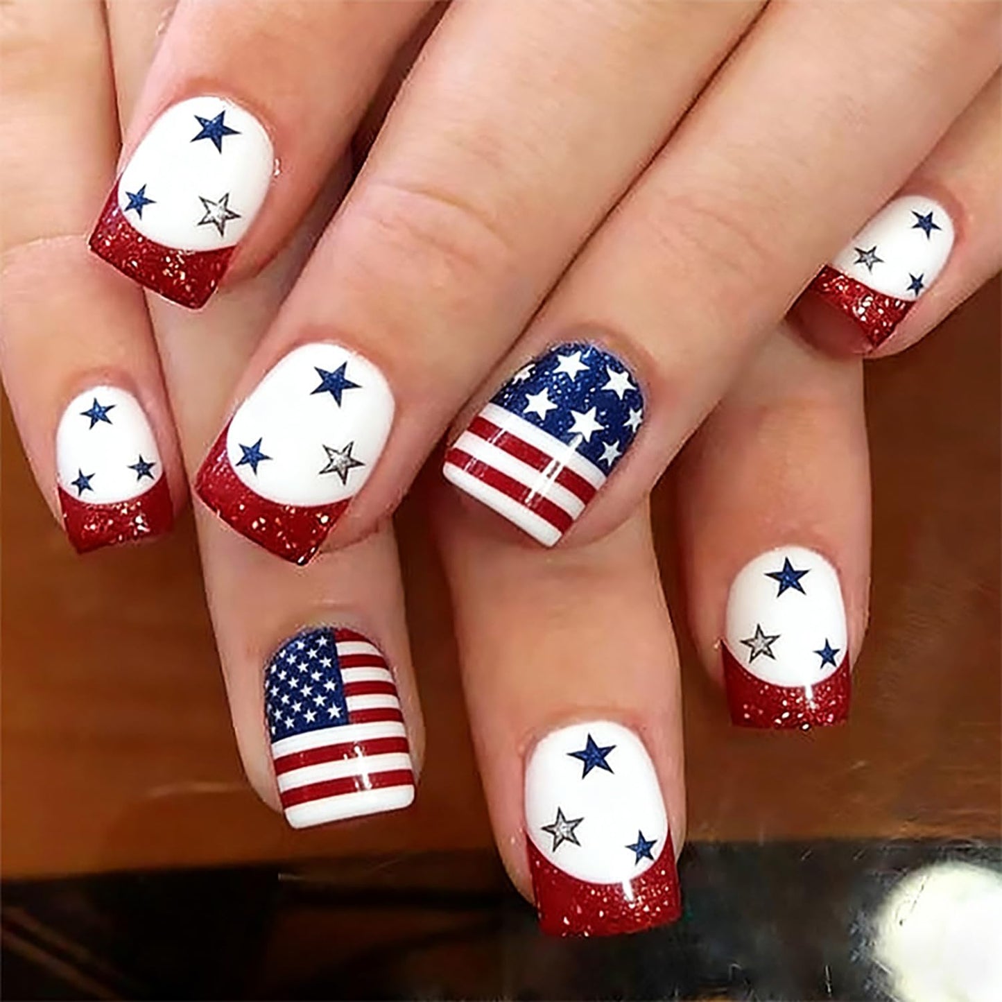 24Pcs 4th of July Press-On Nails - Medium Square Red, Blue & White Glitter Designs | Reusable Patriotic Acrylic Nails for Women