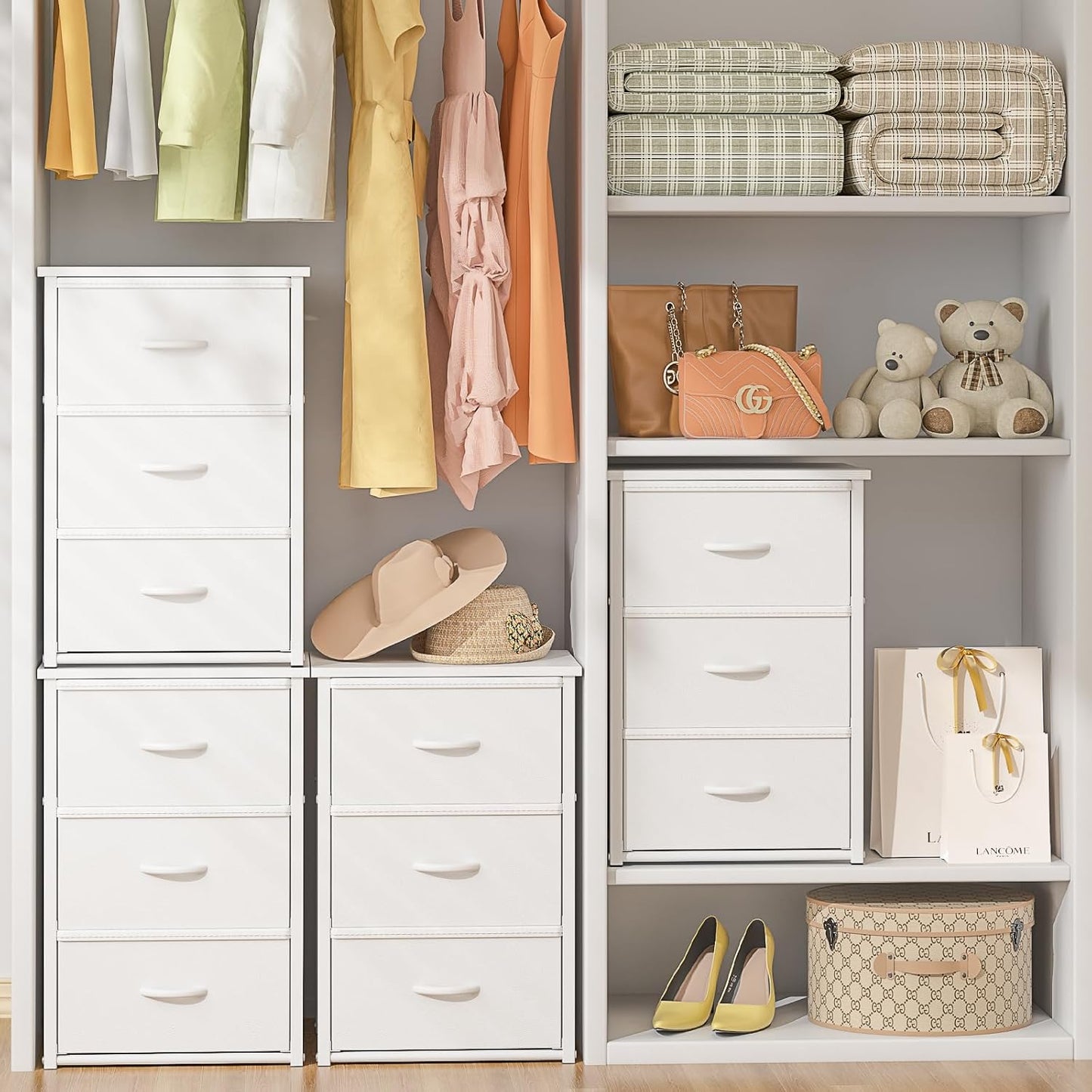 DAOUTIME Stackable Storage Drawers - 2-Pack White Closet Organizer with Wooden Top & Metal Frame | Versatile Dresser for Bedroom & Living Room