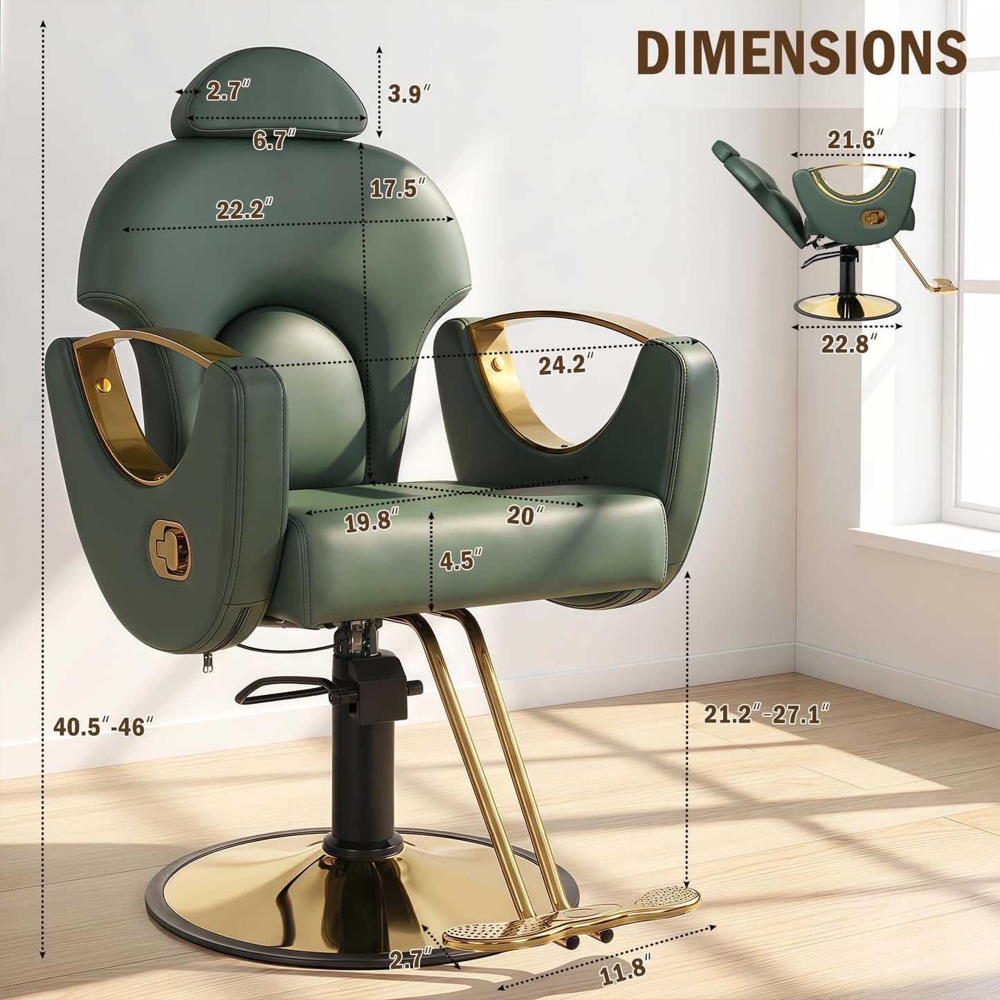 Tythical Salon Chair for Hair Stylist, Barber Salon Chair Reclining Hairdresser Chair with Hydraulic Pump 360 Swivel Styling Braiding Chair for Home Barbershop Tattoo Shampoo Spa, Green Glod