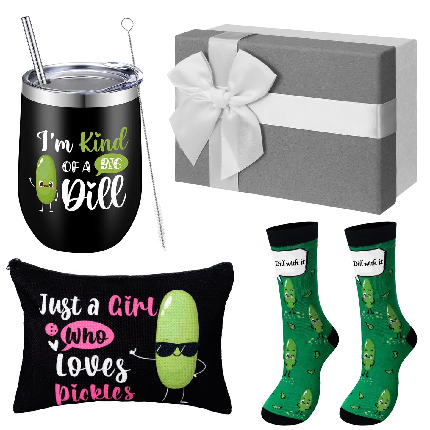 Soaoo Funny Pickle Gifts Set for Women Just a Girl Who Loves Pickle Gifts for Lover Makeup Bag 12 oz Stainless Steel Tumbler Sock Present Box for Back to School Christmas Birthday(Green and Black)