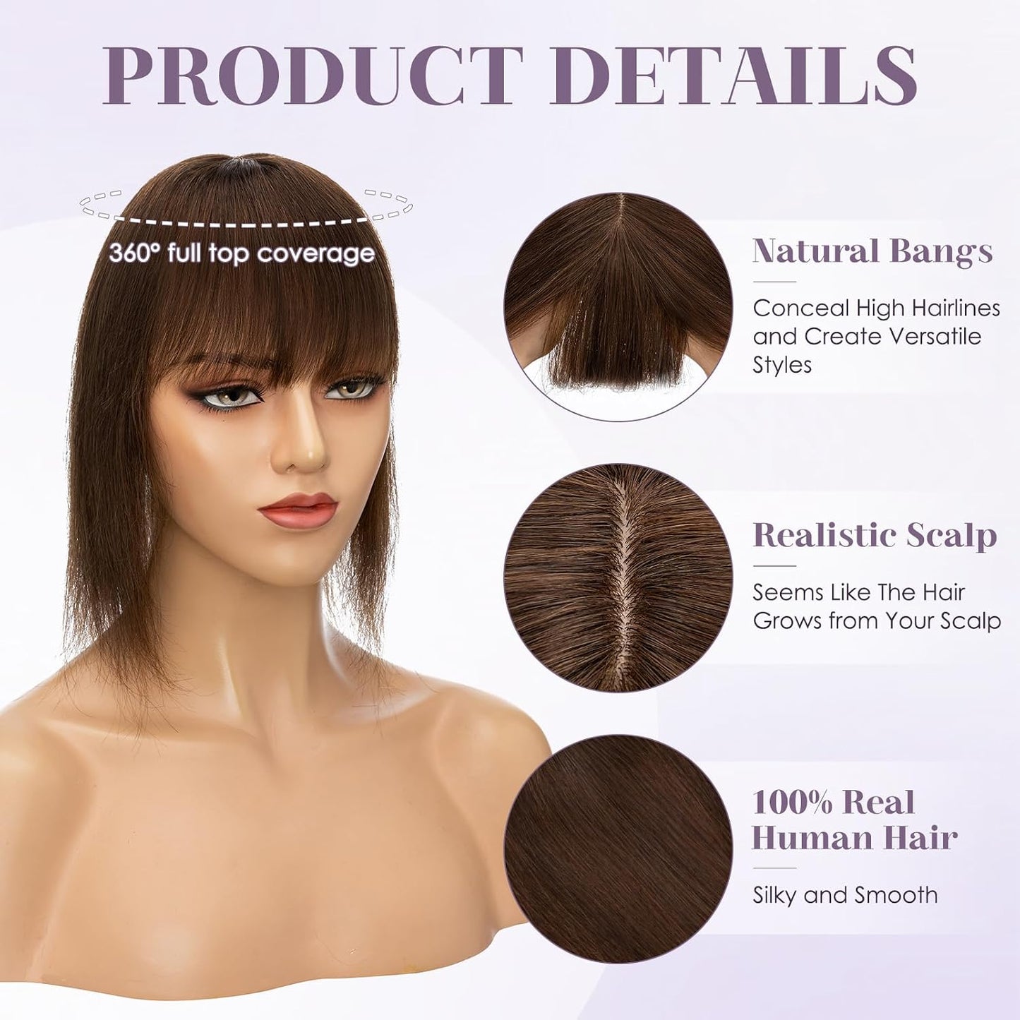 Hair Toppers for Women - Real Human Hair Clip-In 10 Inch Straight Hairpieces | Medium Brown Silk Base with Bangs