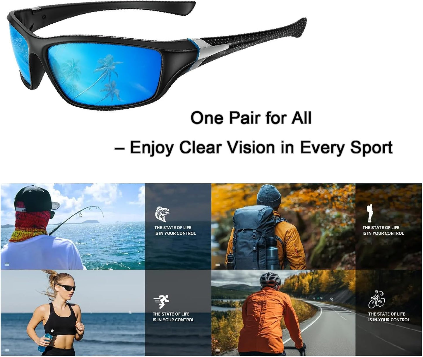 Polarized Sports Sunglasses - Dark Blue UV400 Protection for Fishing, Cycling & Hiking | Wrap Around Design
