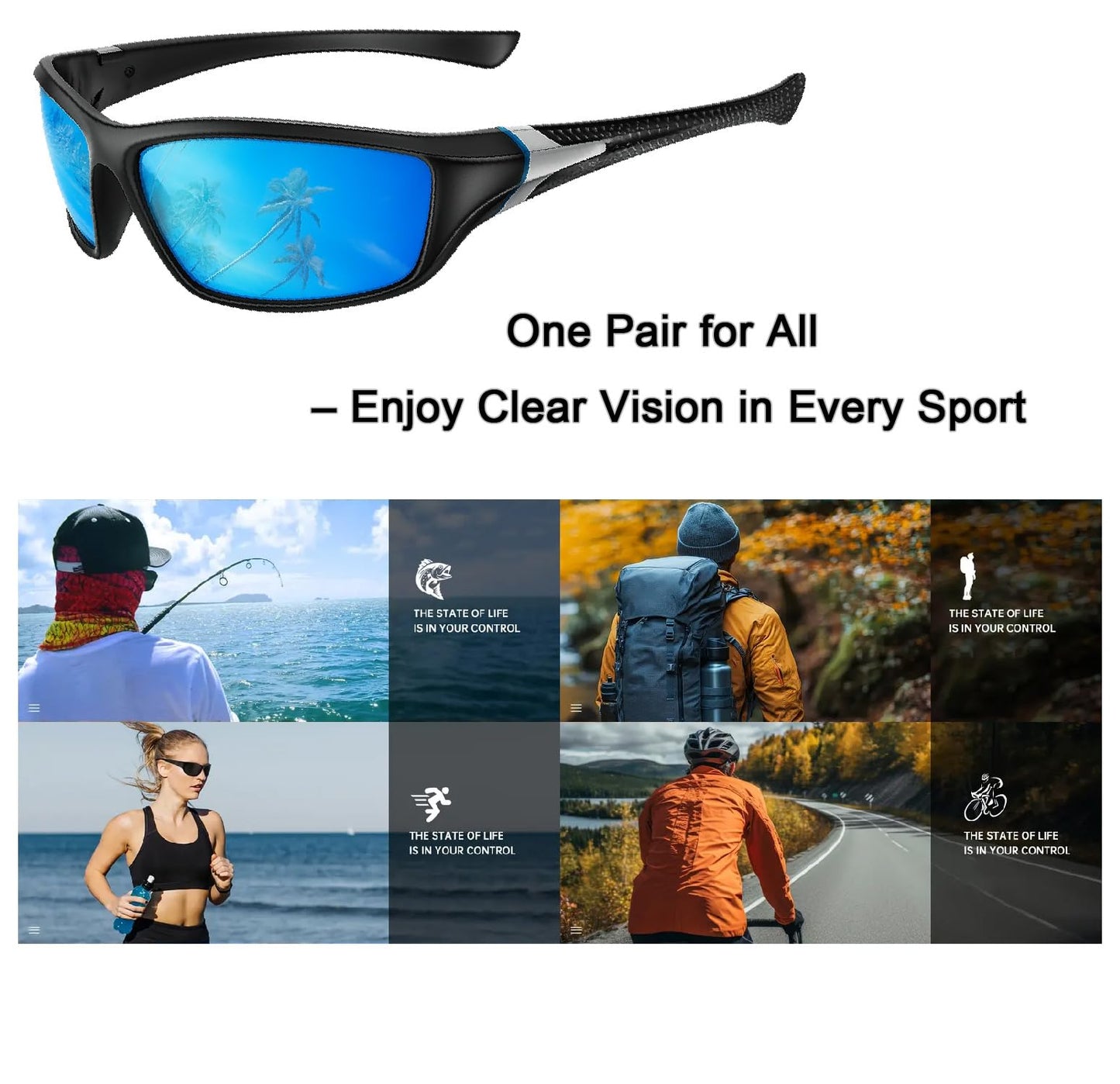 Polarized Sports Sunglasses for Men, Dark Blue Reflective Sports UV400 Protection Wrap Around Mens Sunglasses for Fishing, Cycling, Hiking, Outdoor Adventures