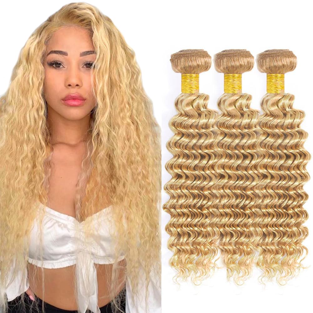 30 32 34 Inch DiexrLamx Hair Blonde Curly Wave Bundles 150g 27/613 Curly Human Hair Bundle 18 20 22 Inch Brazilian Virgin Hair 3 Bundles Blonde Highlight Bundle