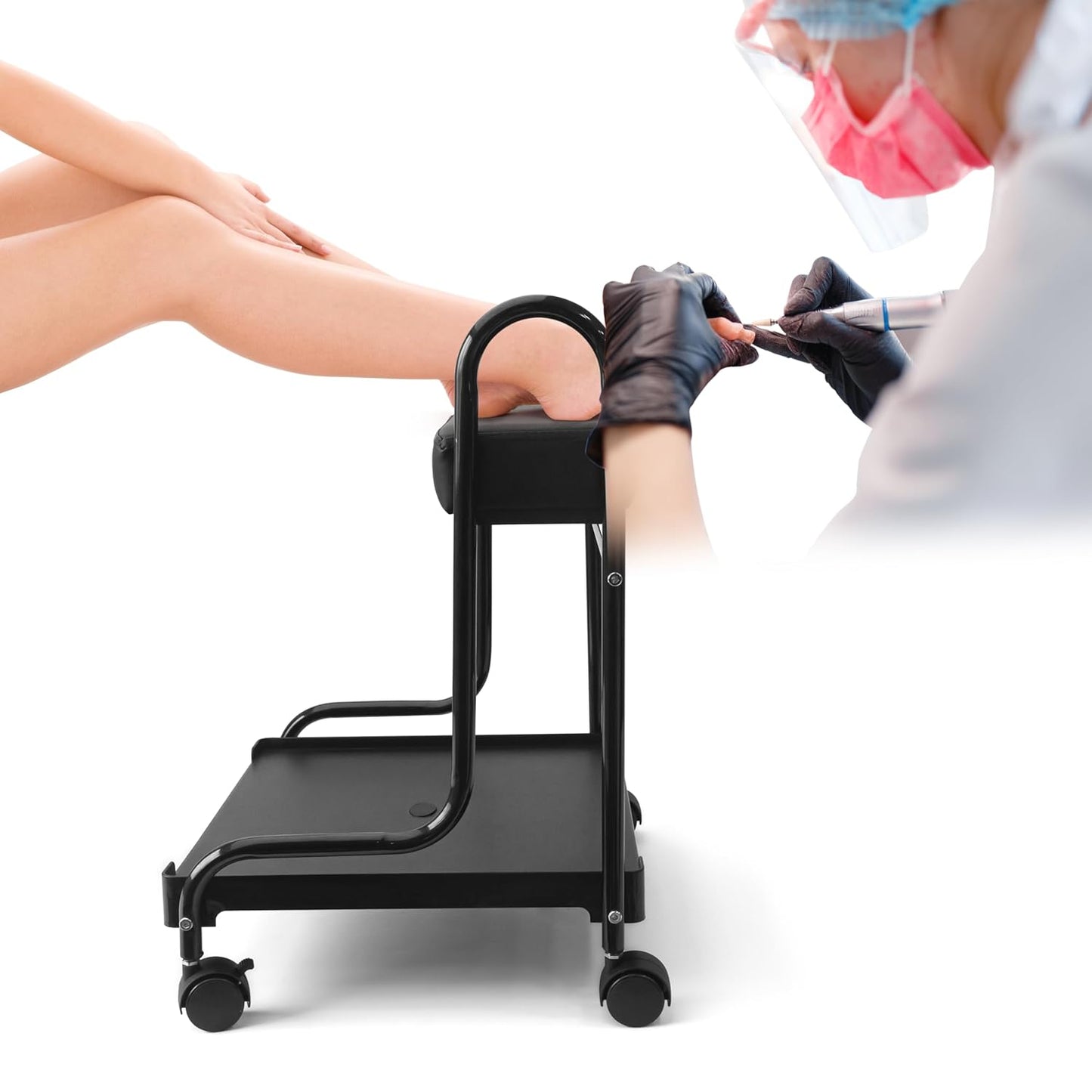 Portable Nail Foot Bath Spa Trolley Cart - Adjustable Height PU Cushion | Black Esthetician Furniture