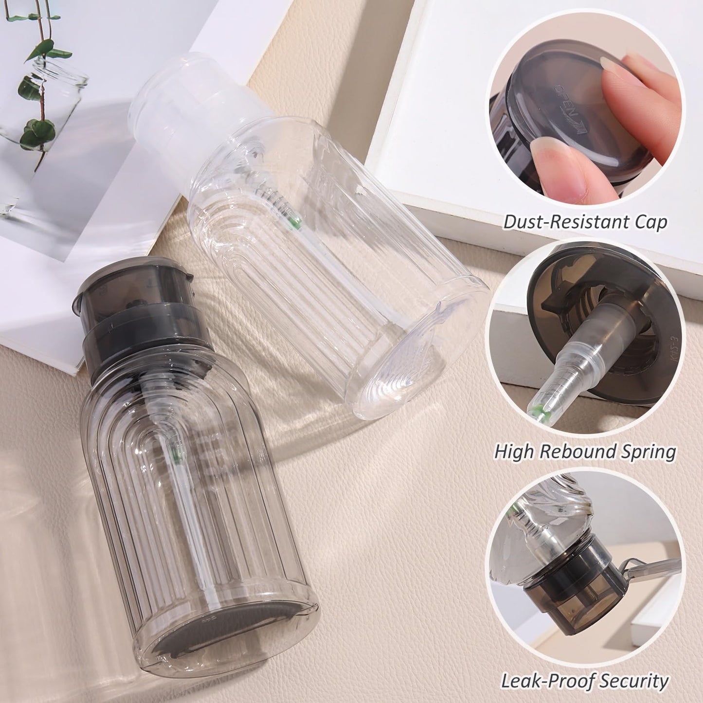 SUTOKAKA 2 Pack Non-Acetone Nail Polish Remover Pump Dispenser Lockable Empty Alcohol Dispenser Push Down One-Touch Bottle Container with Flip Top Cap for Makeup Remover Facial Toner, 300ML(10.1oz)