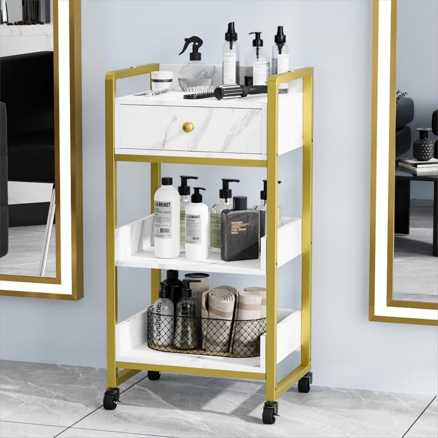 Salon Trolley Cart with Wheels - Mobile Storage Organizer for Beauty Spa | White Marble, 1 Drawer & 2 Trays