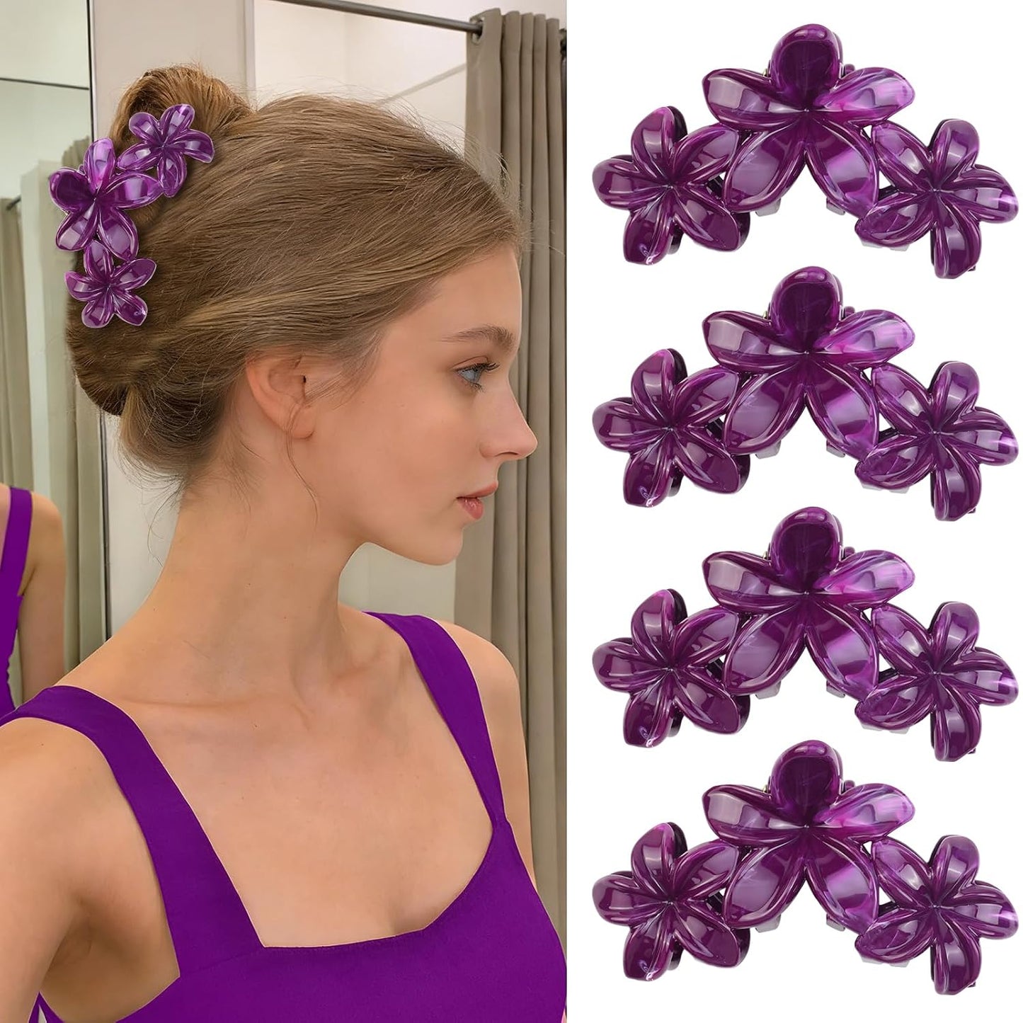 Cute Hawaiian Flower Claw Hair Clips - 4Pcs Large Clips for Thick or Thin Hair | Pink & Red Beach Accessories